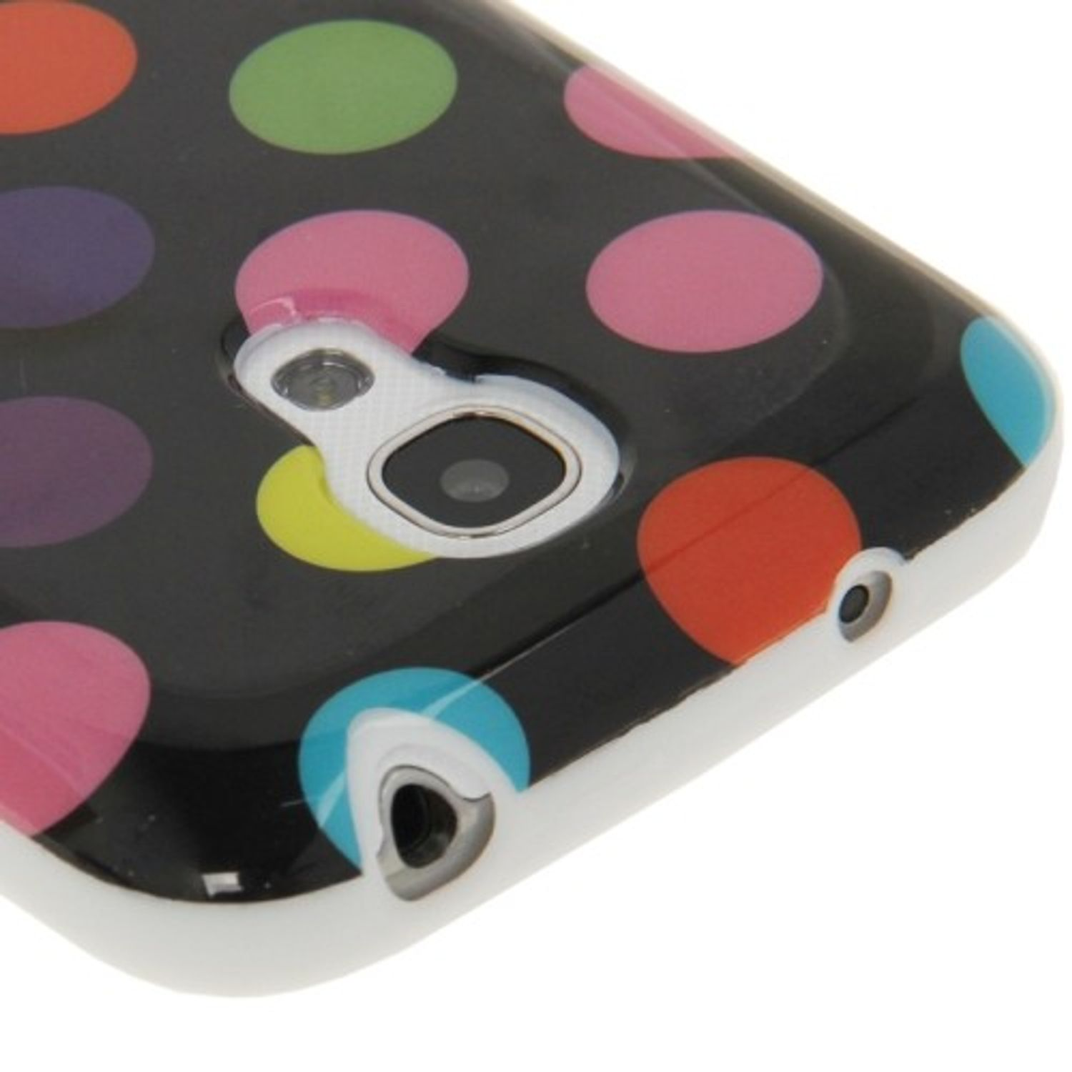 Smartphone-Hülle mit schwarzem Hintergrund und mehrfarbigen Polka-Dots. Die Kamera ist sichtbar.