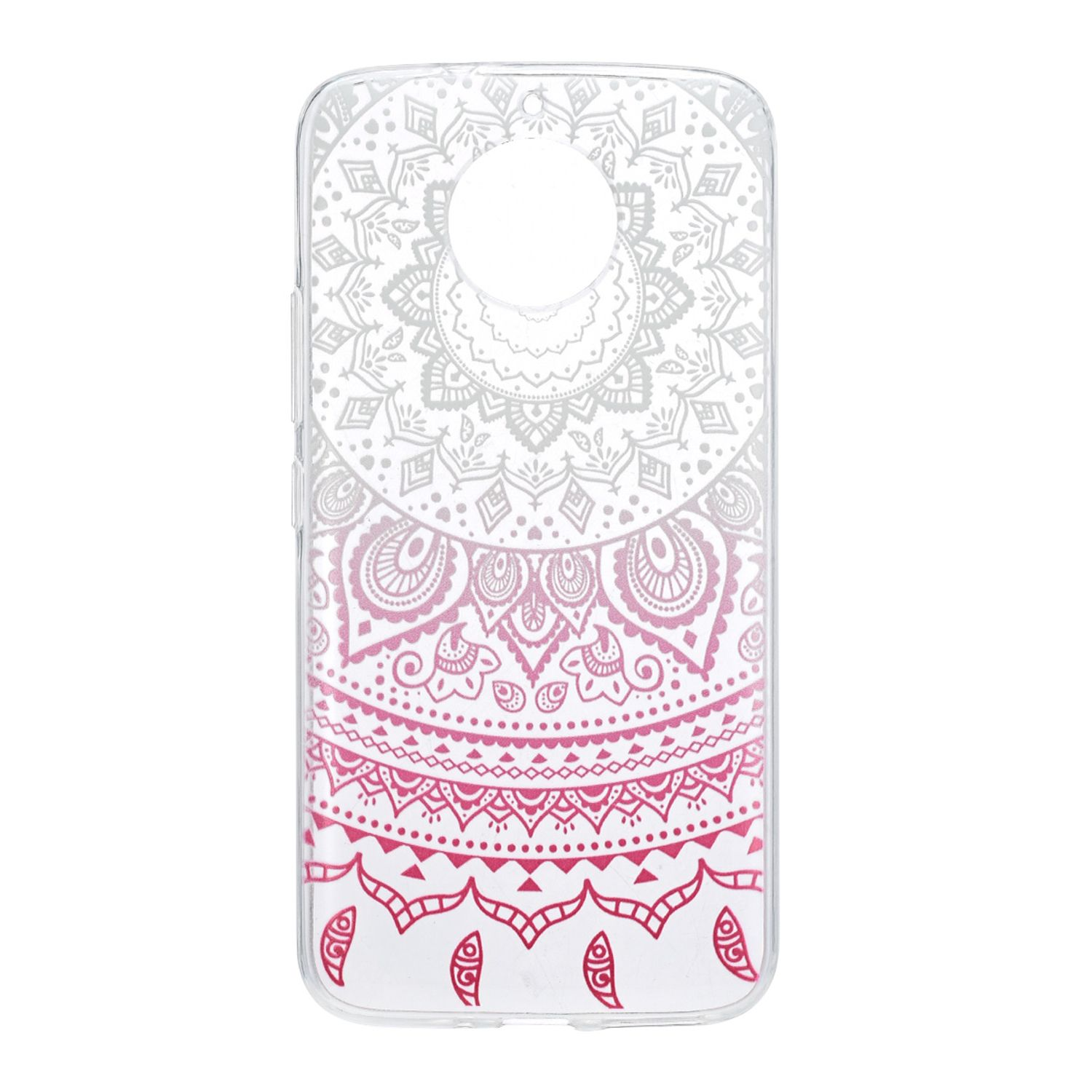 Transparente Handyhülle mit Mandala-Design. Rosa und weiß. Weißer Hintergrund. Telefon sichtbar.