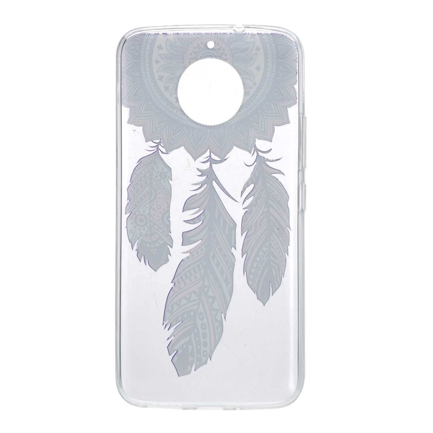 Eine transparente Handyhülle hat ein Design aus Federn und einem Mandala. Die Hülle ist transparent.