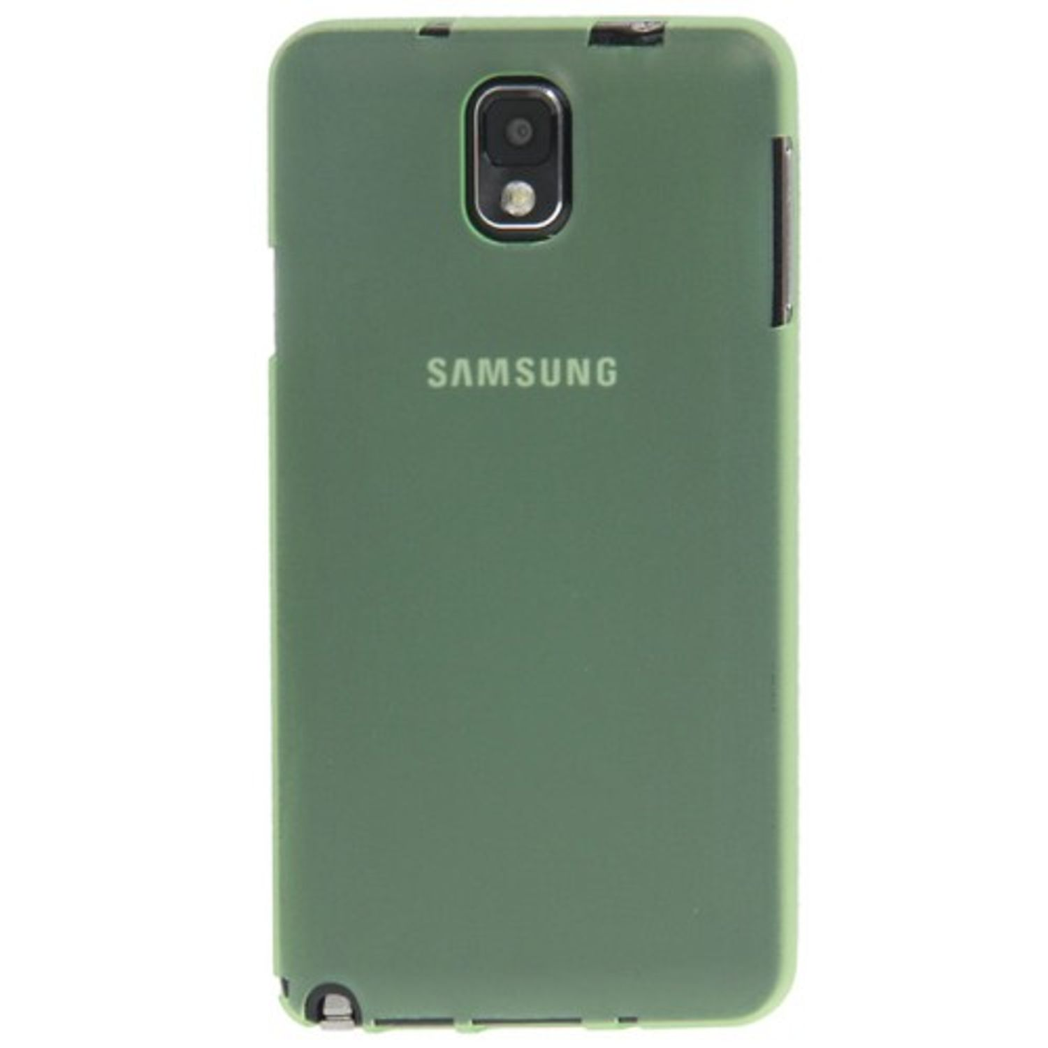 Grüne Handyhülle mit dem Wort SAMSUNG darauf. Die Hülle hat einen Kameraausschnitt.