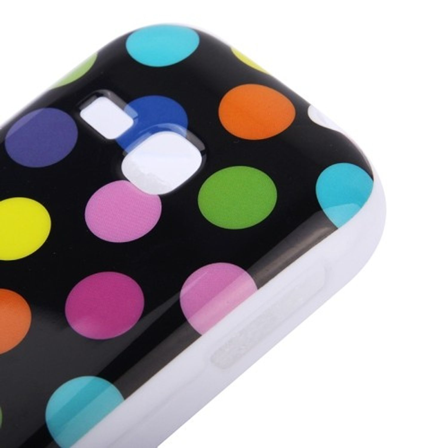 Nahaufnahme einer schwarzen Handyhülle mit bunten Polka-Dots in verschiedenen Größen.