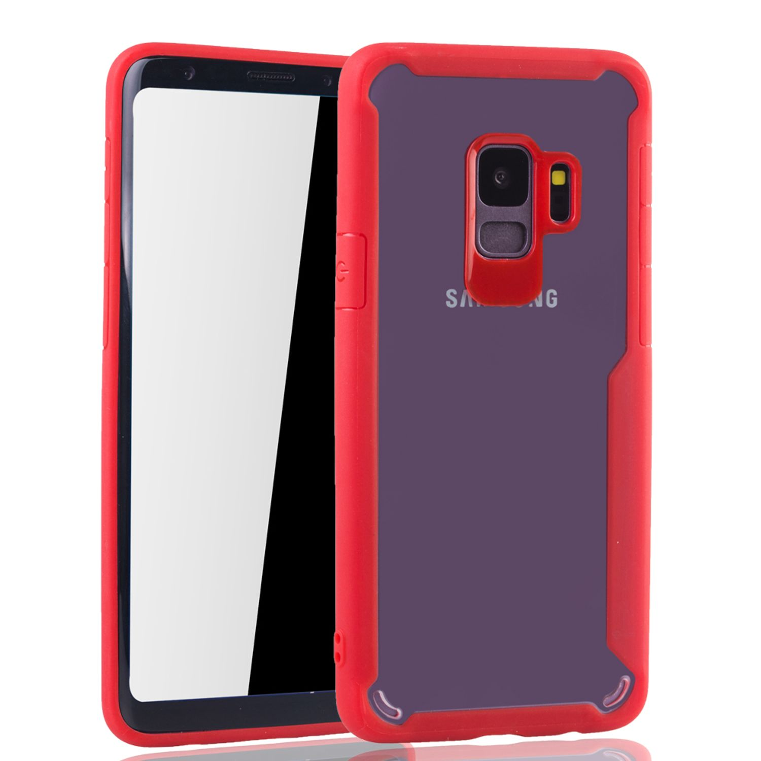 Rote und transparente Handyhülle mit Telefon darin. Weißer Hintergrund.