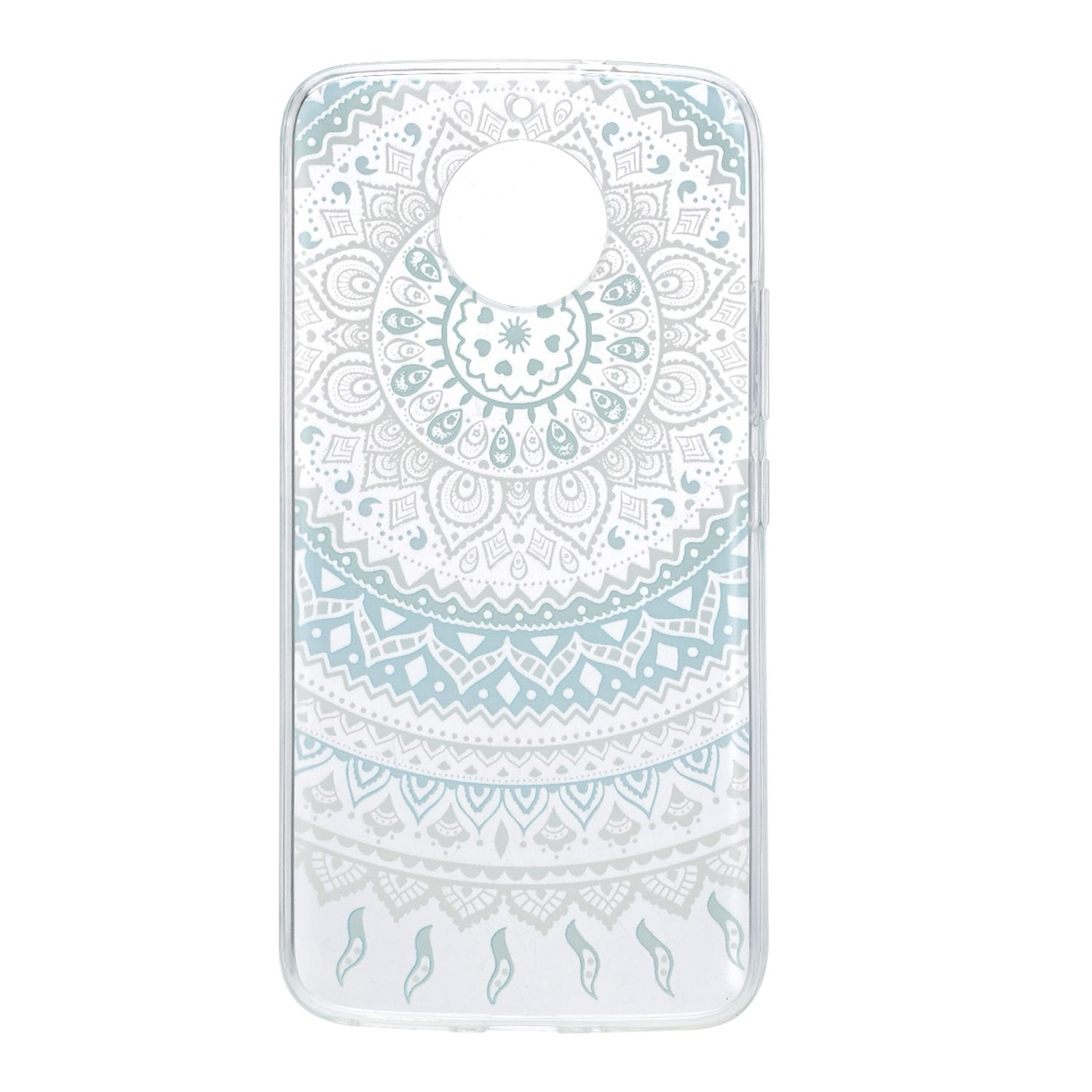 Transparente Handyhülle mit Mandala-Design. Die Hülle befindet sich auf weißem Hintergrund.