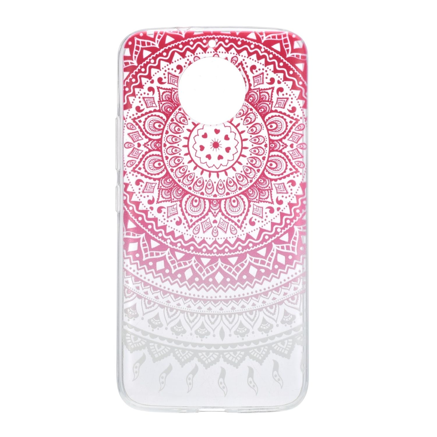 Transparente Handyhülle mit pink-weißem Mandala-Design. Auf weißem Hintergrund. Das Design ist auf der Rückseite.