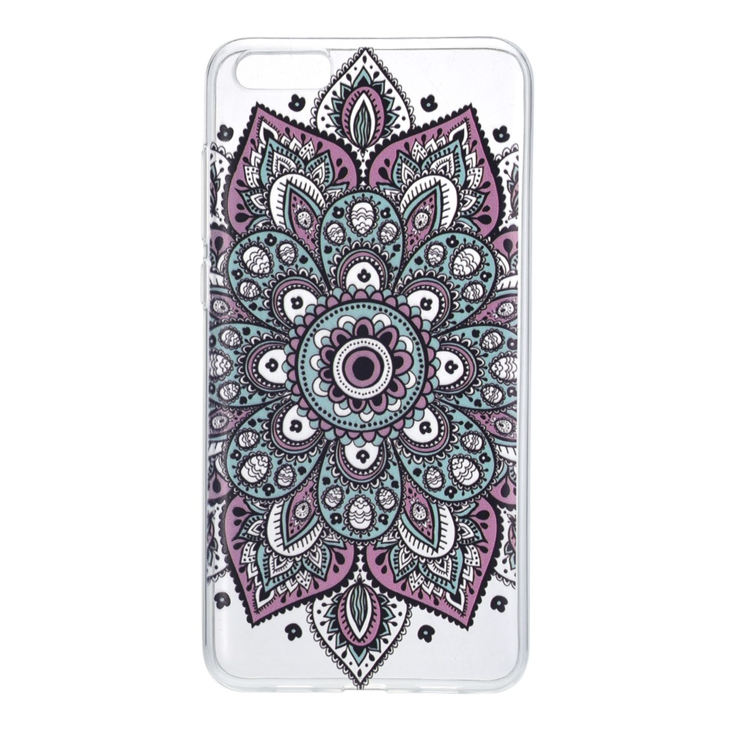 Eine transparente Handyhülle mit einem Mandala-Design in Lila-, Türkis- und Weißtönen. Der Hintergrund ist weiß.