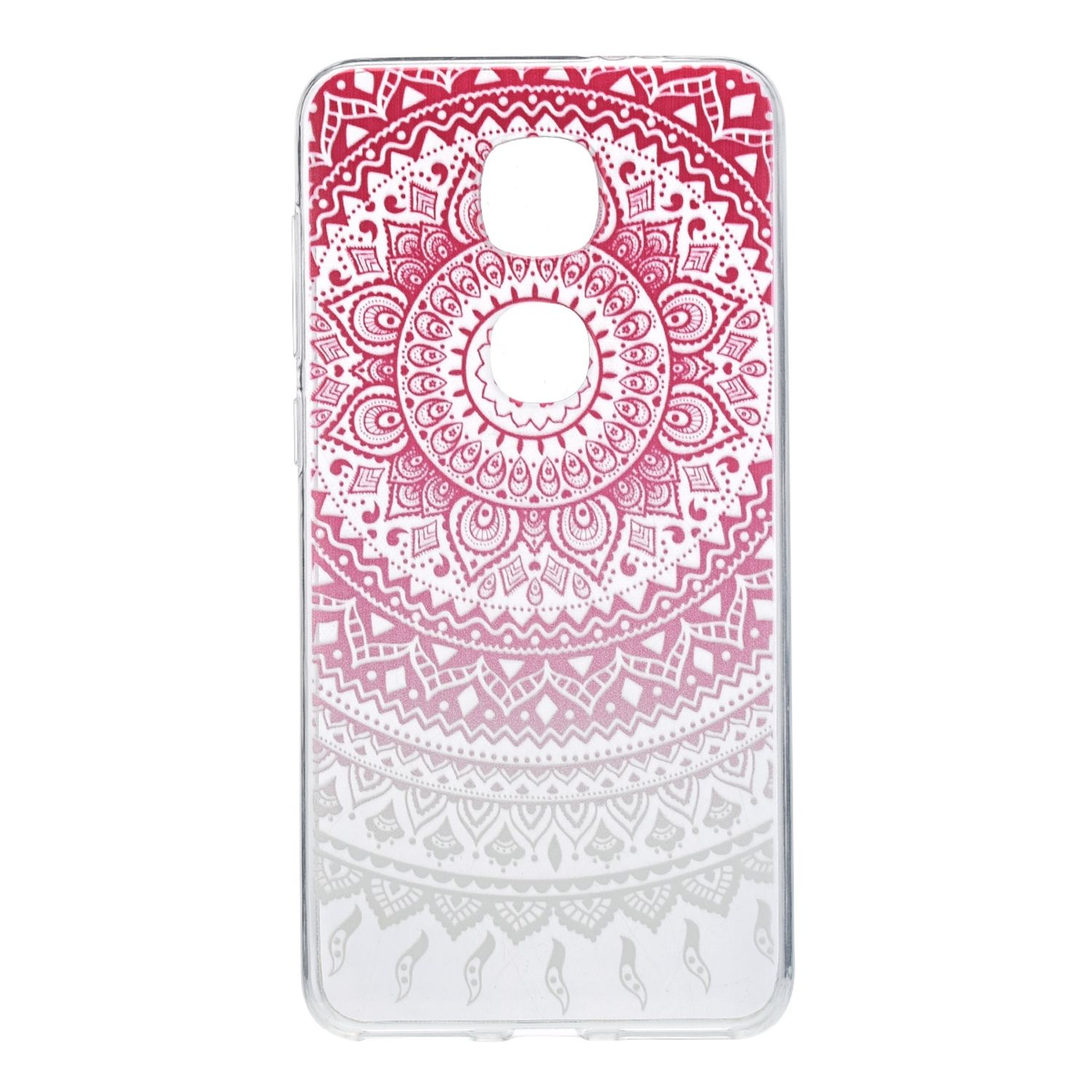Handyhülle mit pink-weißem Mandala-Design auf transparentem Hintergrund.