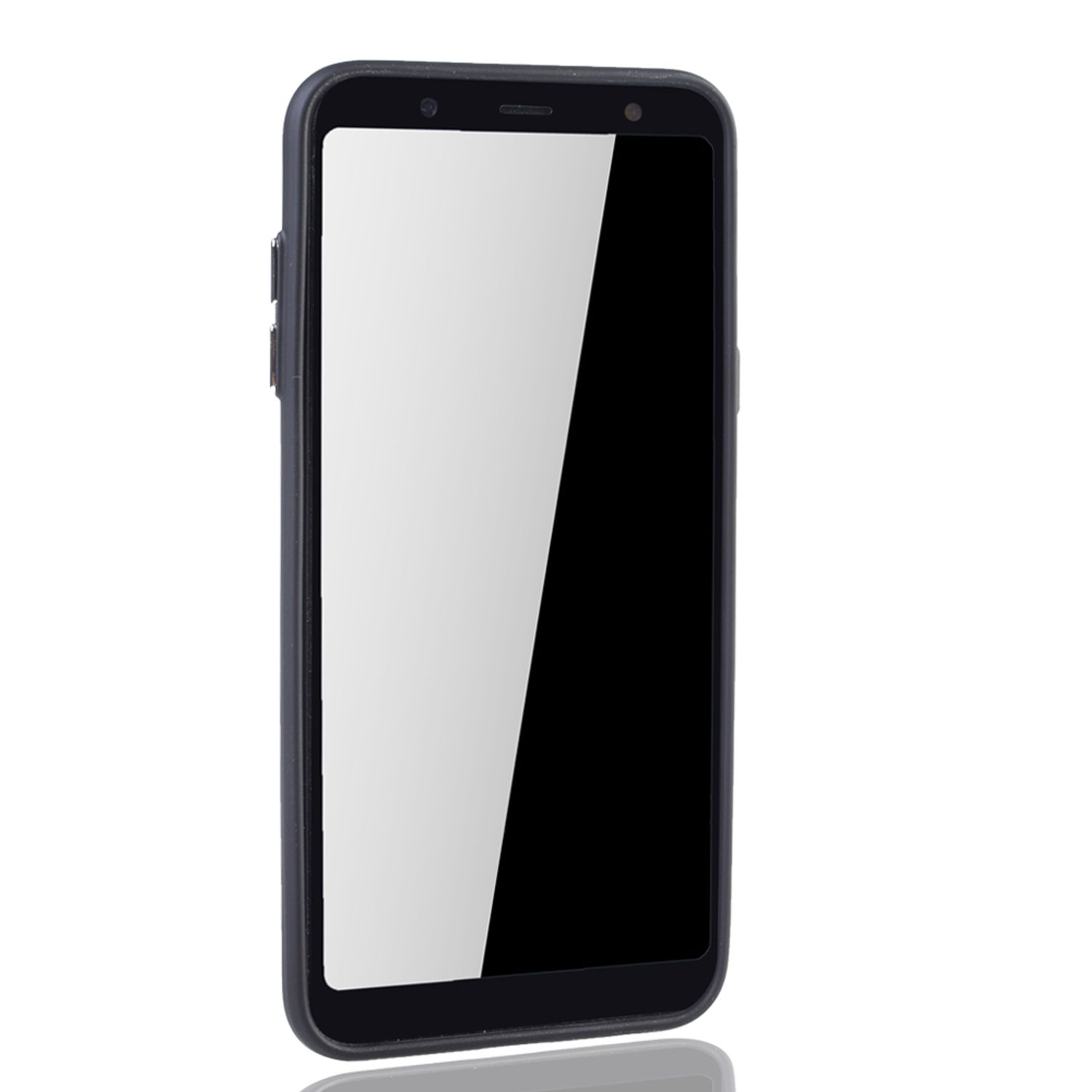 Schwarzes Telefon, Bildschirm an, in einer schwarzen Hülle. Weißer Hintergrund.
