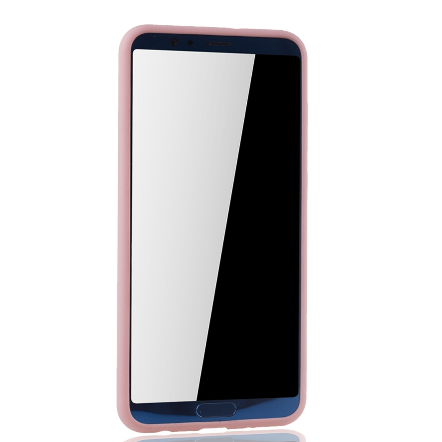 Smartphone mit pinkfarbenem Rahmen und weißem Bildschirm, abgewinkelt, zeigt leere Anzeige vor blauem Hintergrund.