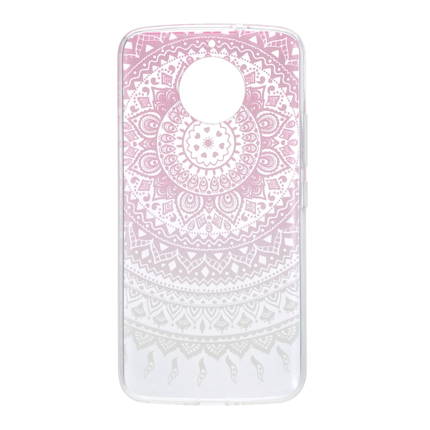 Transparente Handyhülle mit rosa Mandala-Design. Weißer Hintergrund.