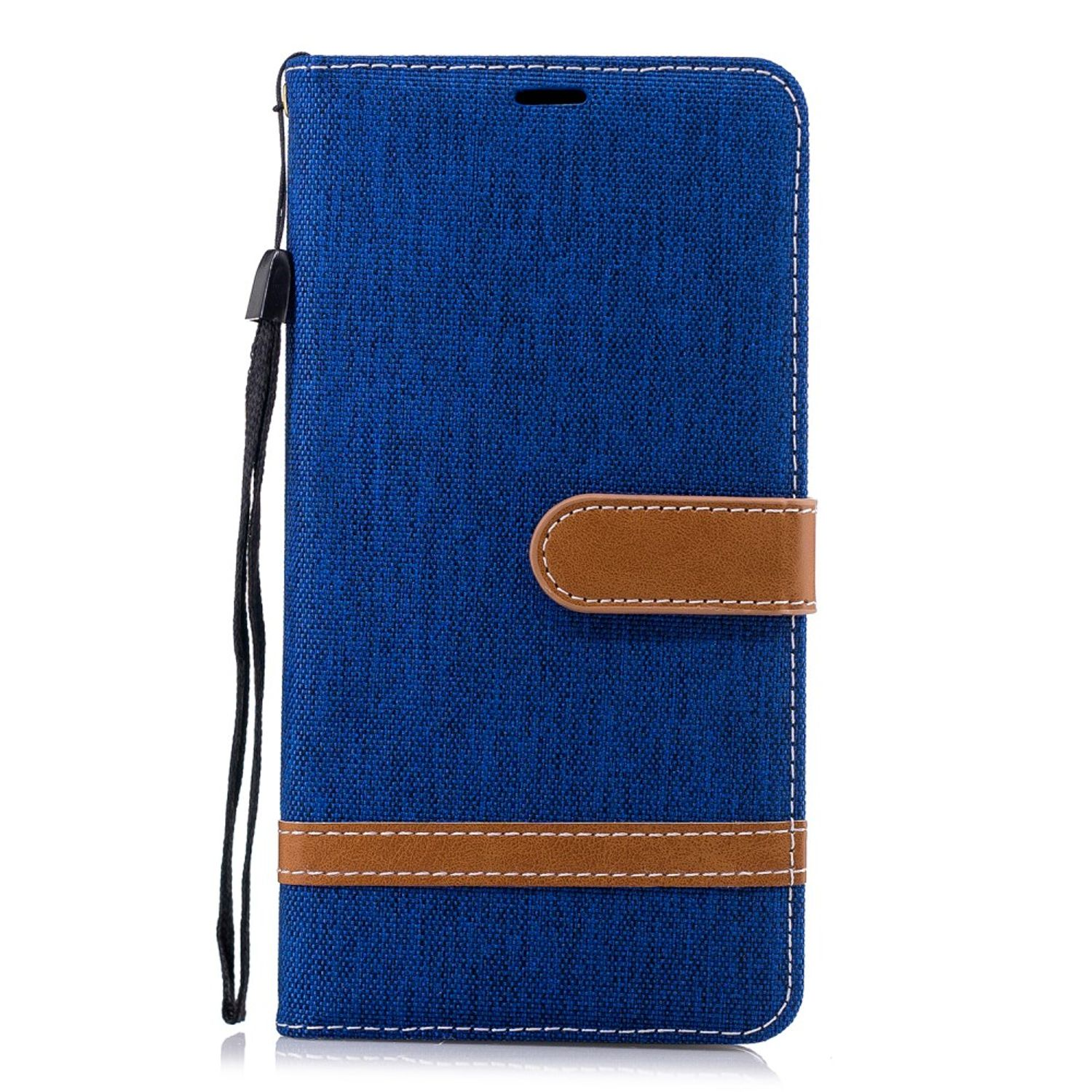 Blaue Handyhülle mit braunem Riemen und Verschluss, weißer Hintergrund.