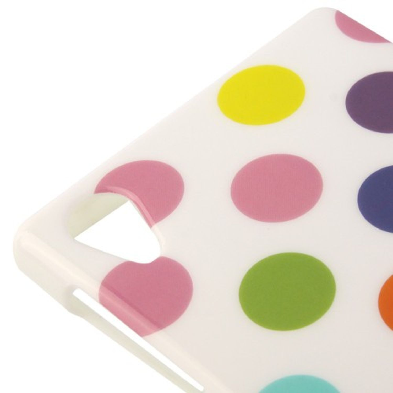 Weißes Handycase mit bunten Tupfen: gelb, rosa, lila, grün und orange. Isoliert auf Weiß.