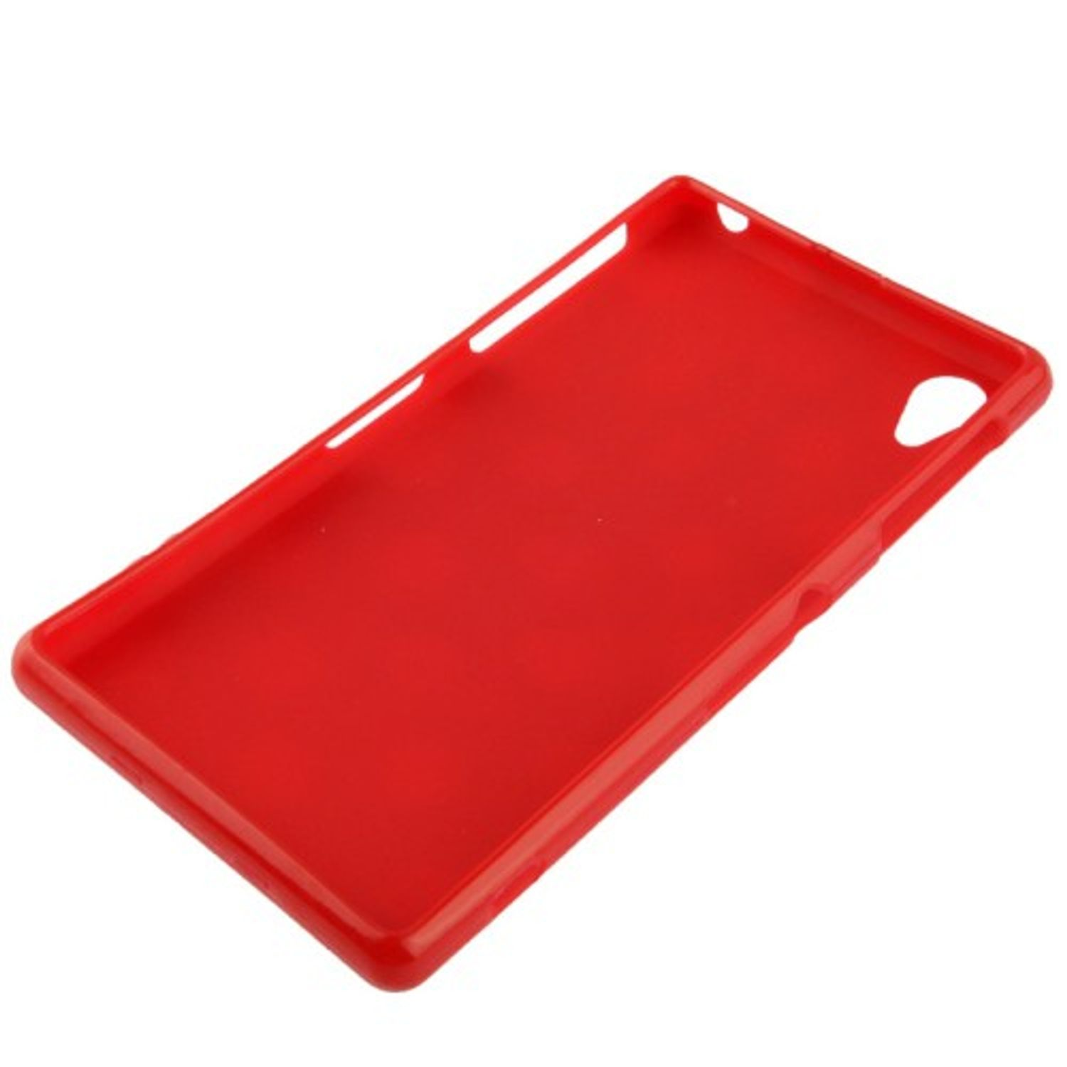 Rote Handyhülle, solide, mit Aussparungen für Kamera und Knöpfe, weißer Hintergrund.