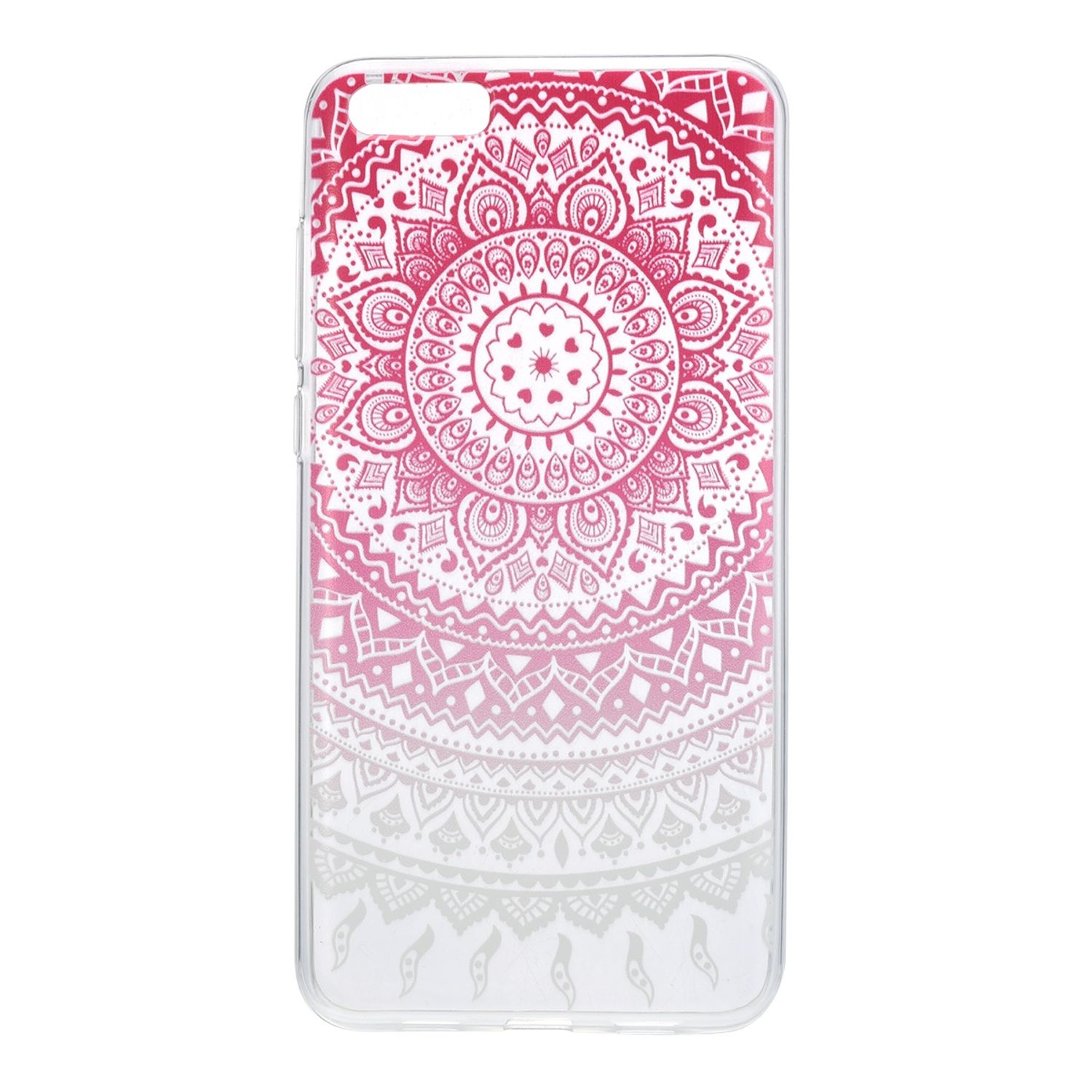 Handyhülle mit Mandala-Design. Pink, rot, weiß. Es liegt auf einer weißen Oberfläche.