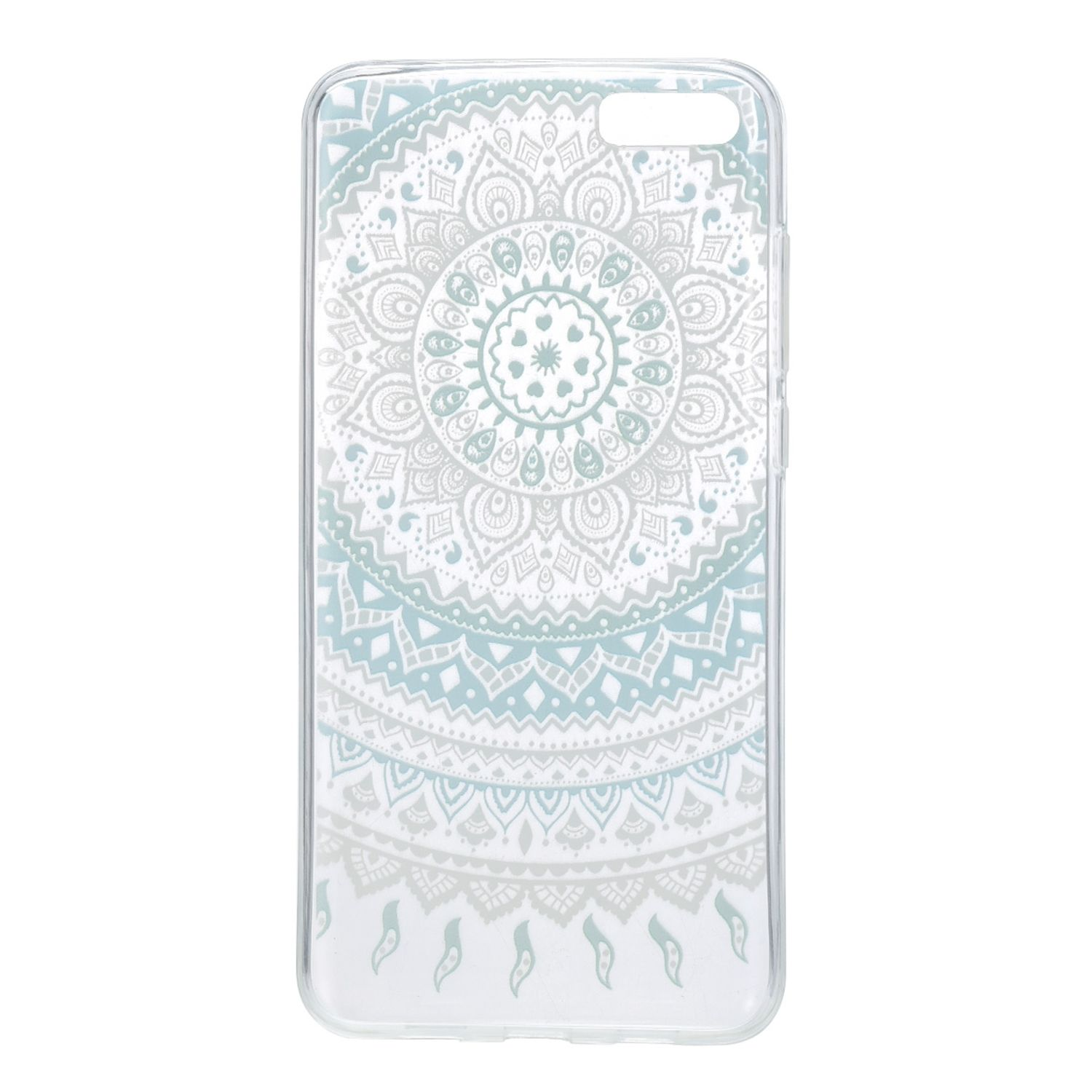 Transparente Handyhülle mit blauem und weißem Mandala-Design. Weißer Hintergrund.