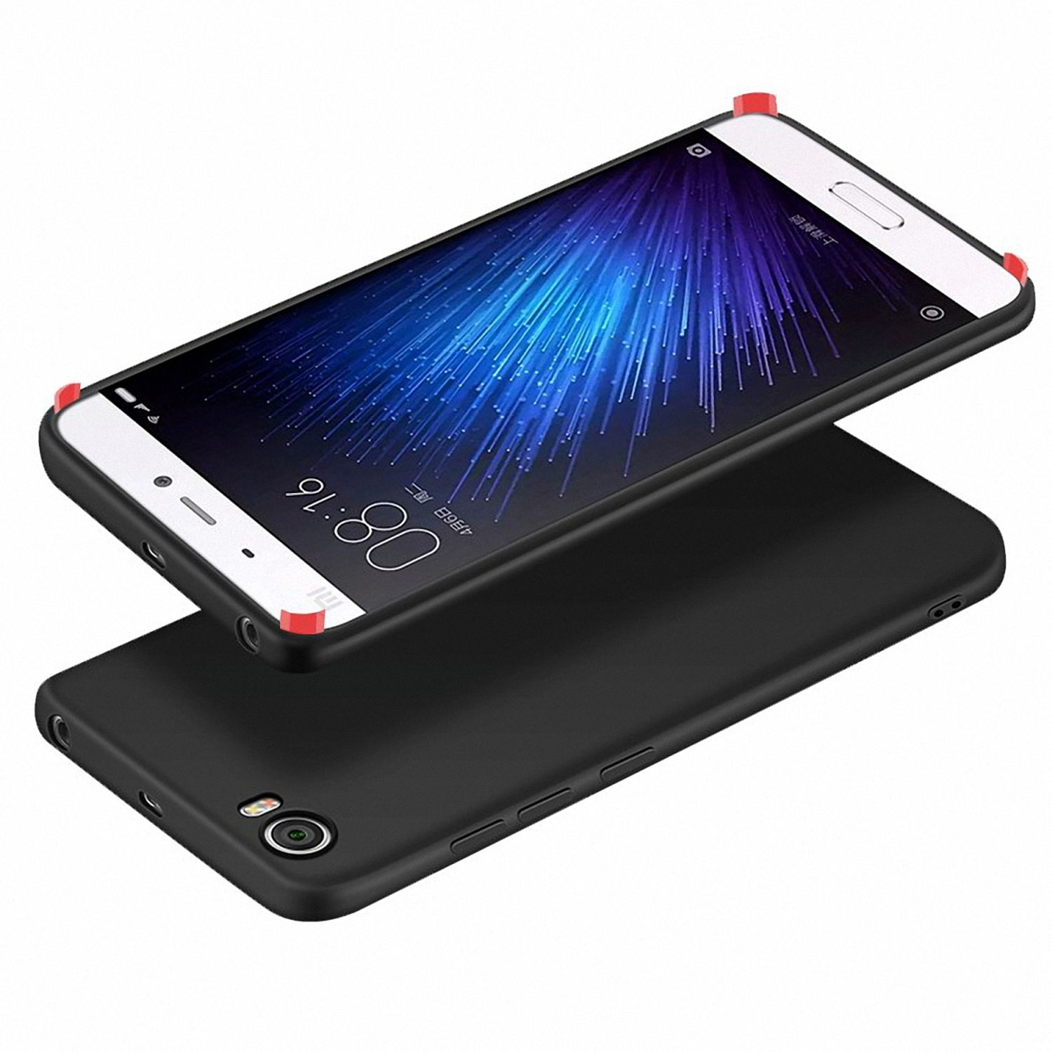 Zwei schwarze Handyhüllen. Eine ist vor der anderen und zeigt ein Telefon mit eingeschaltetem Bildschirm.