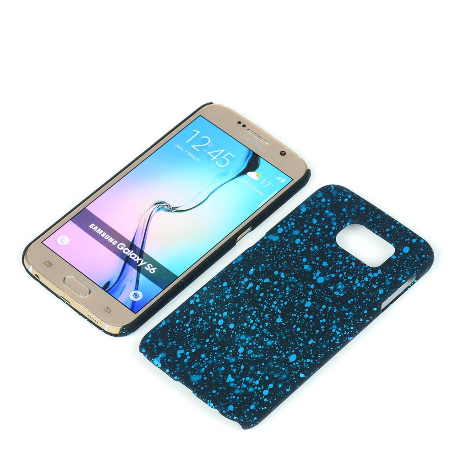 Ein Telefon und eine Handyhülle. Das Telefon liegt auf der Seite und die Hülle ist geöffnet und zeigt ein blaues Design.