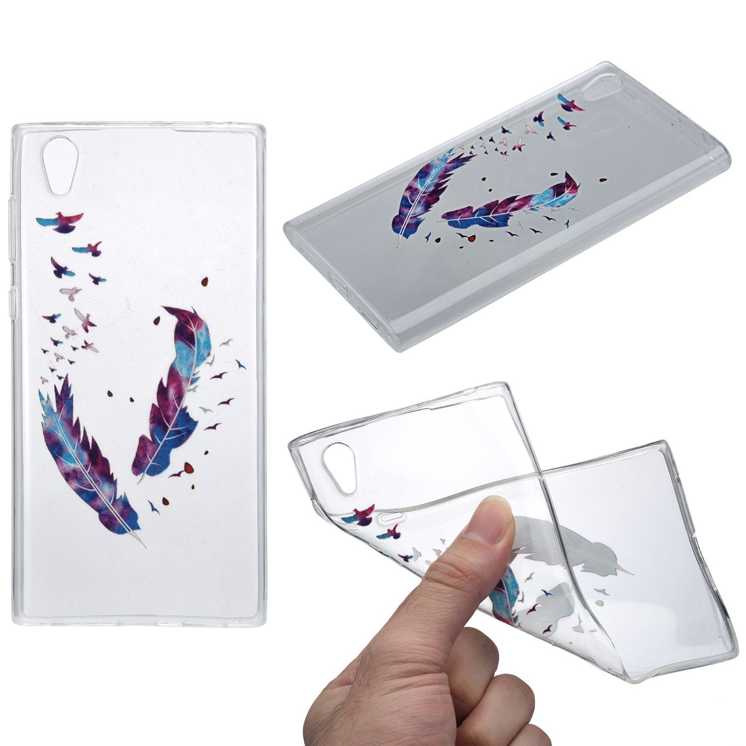 Eine transparente Handyhülle mit Federn und Vögeln. Mehrere Ansichten der Hülle.