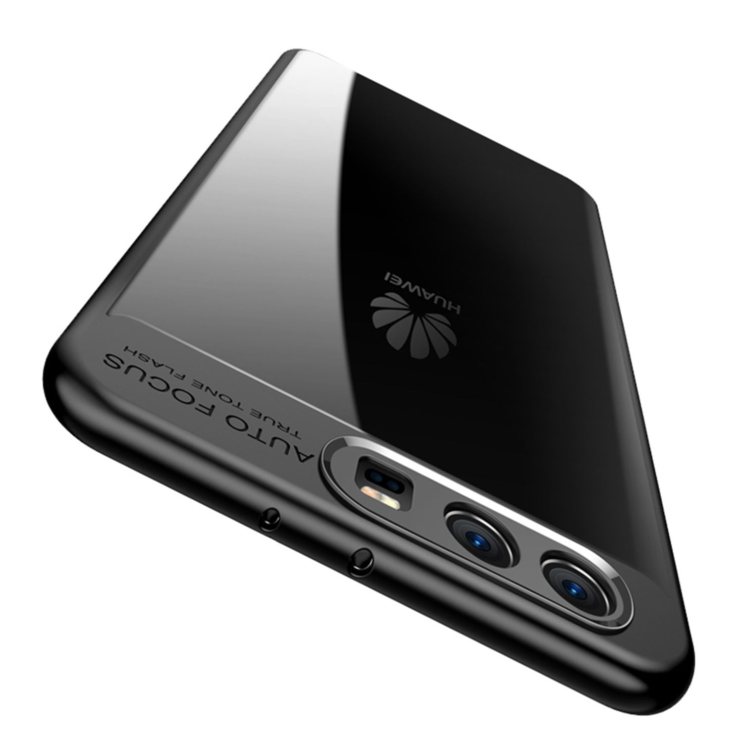 Schwarze Handyhülle mit dem Wort Huawei. Die Rückseite ist sichtbar. Die Kamera wird gezeigt.
