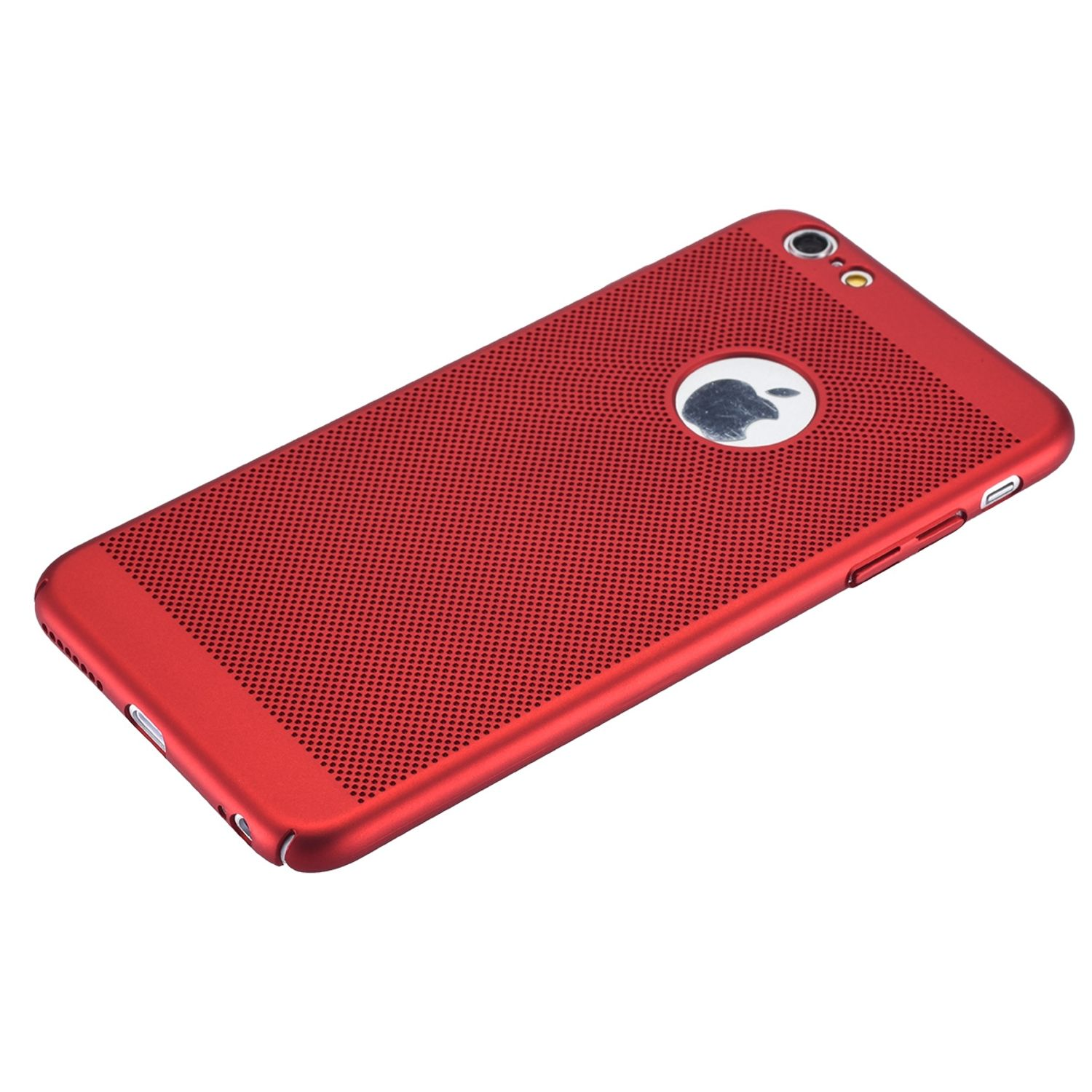 Rote Handyhülle mit Lochmuster und Apple-Logo. Die Rückseite des Telefons ist sichtbar.