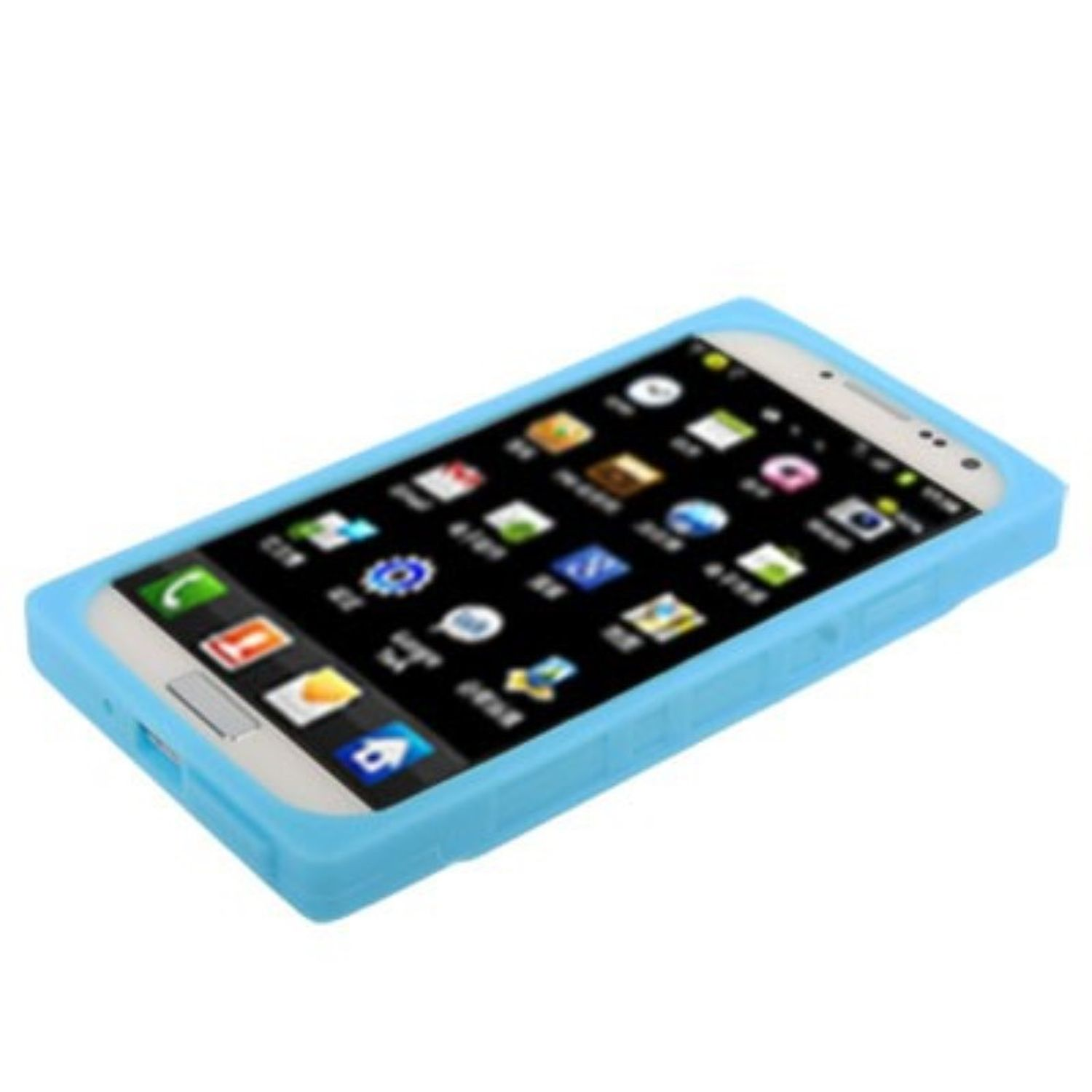 Ein Smartphone in einer blauen Hülle, der Bildschirm zeigt App-Symbole auf weißem Hintergrund.