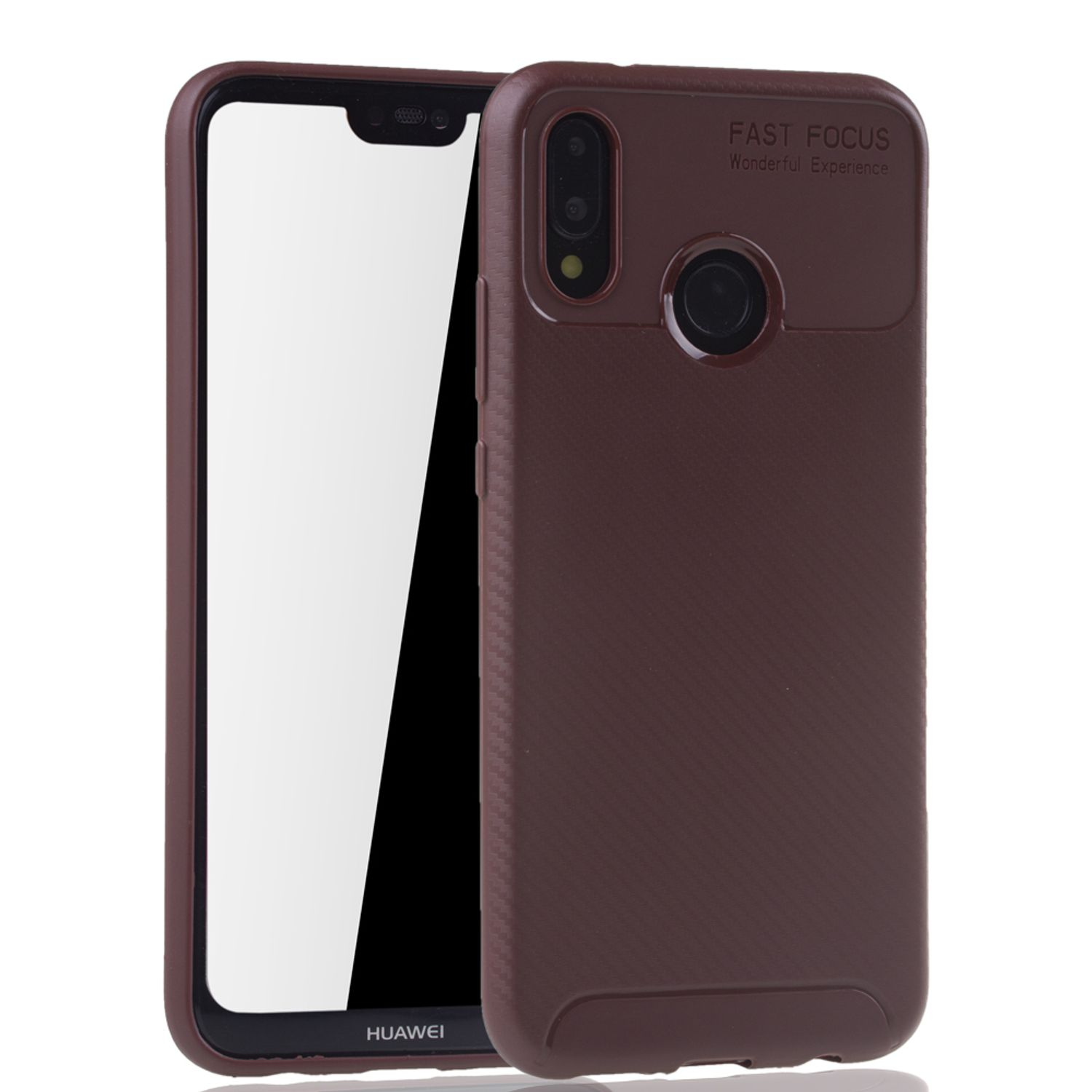 Braune Handyhülle mit Telefon darin. Zeigt Bildschirm und Kamera.
