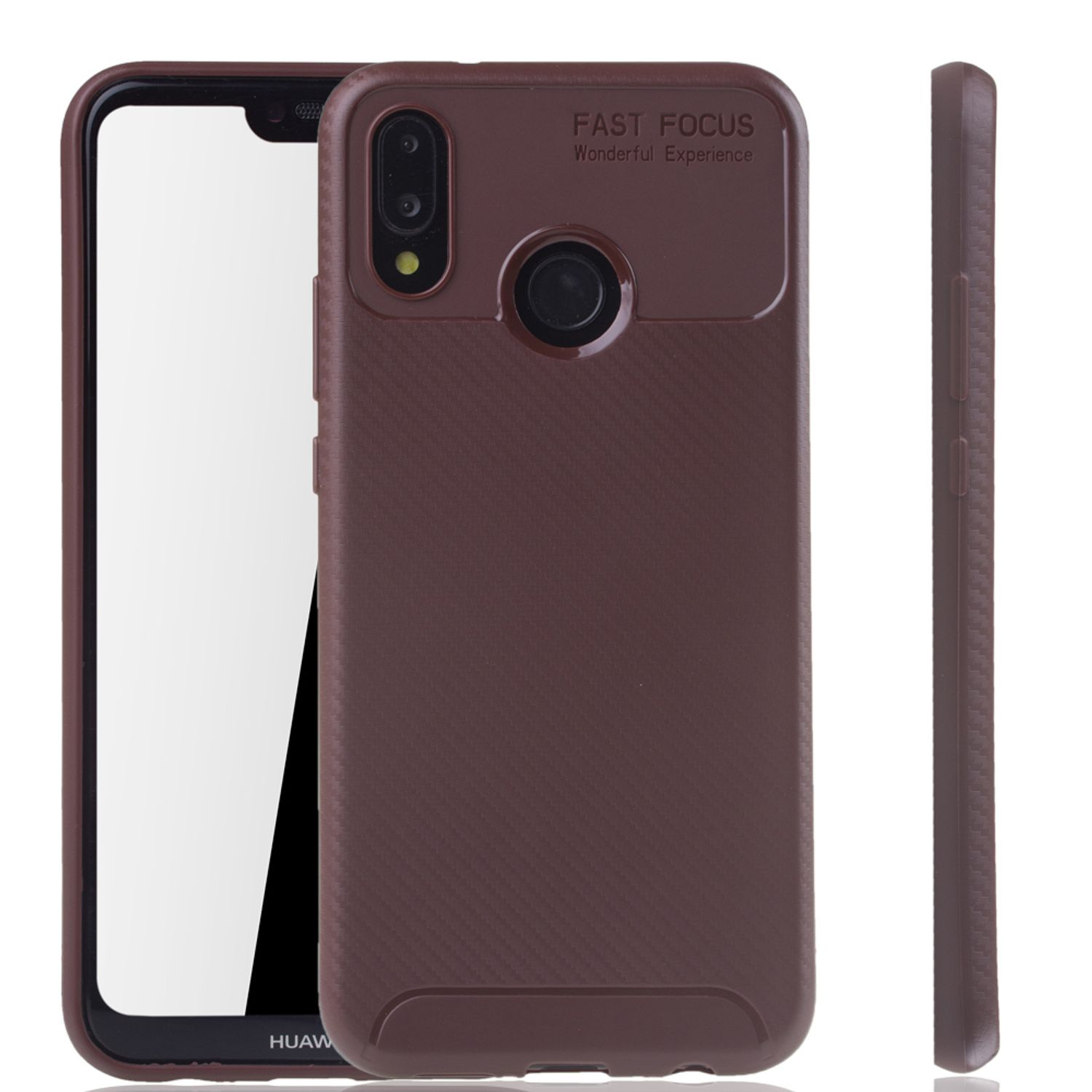 Braune Handyhülle mit sichtbarem Telefon. Auf der Hülle steht der Text "Fast Focus".