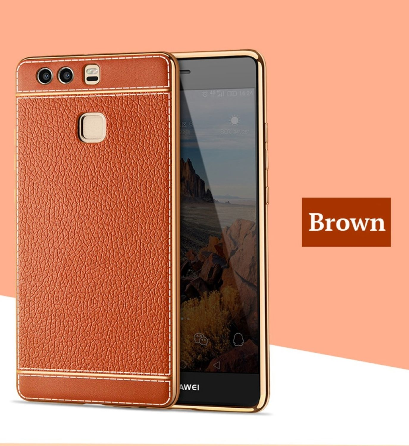 Eine braune Handyhülle mit goldenem Rand. Das Telefon befindet sich auf orangefarbenem Hintergrund.