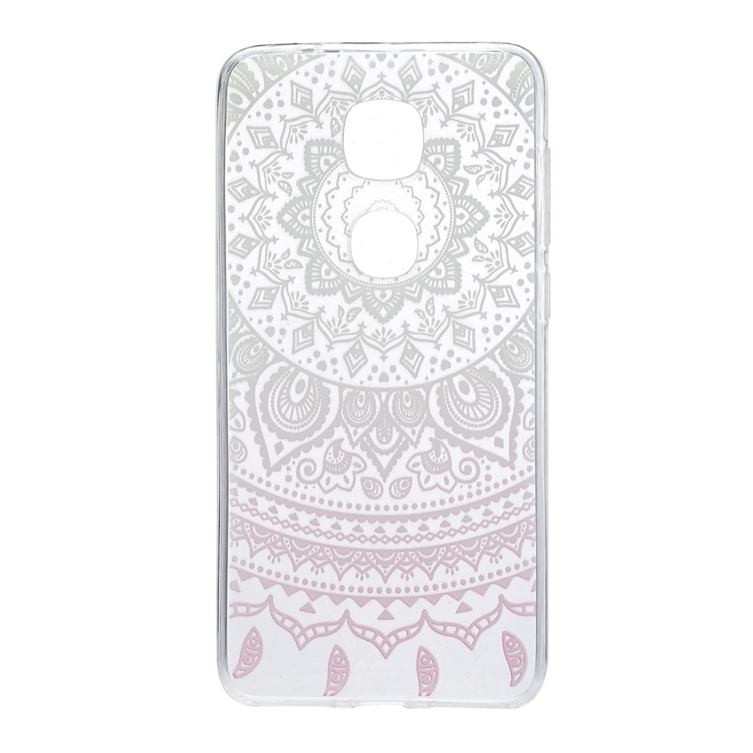 Transparente Handyhülle mit rosa und grauem Mandala-Design.