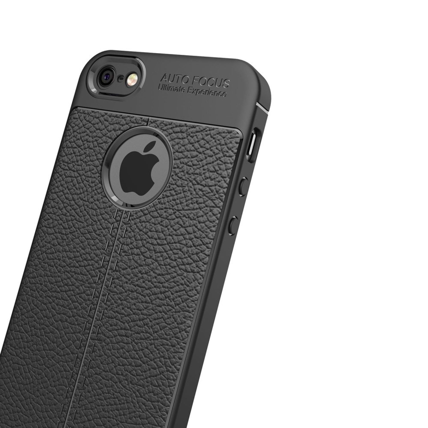 Schwarze Handyhülle mit Apple-Logo und strukturierter Oberfläche, auf weißem Hintergrund.
