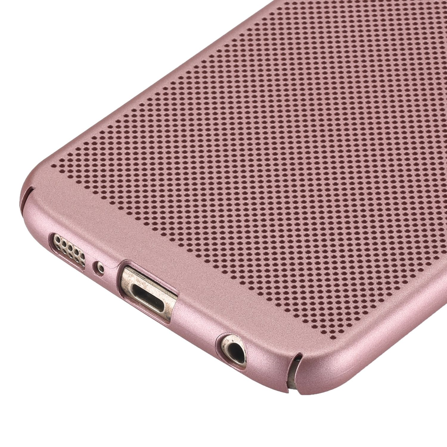 Roségoldene Handyhülle mit perforiertem Design, zeigt die Seite mit Kamera und Knöpfen.