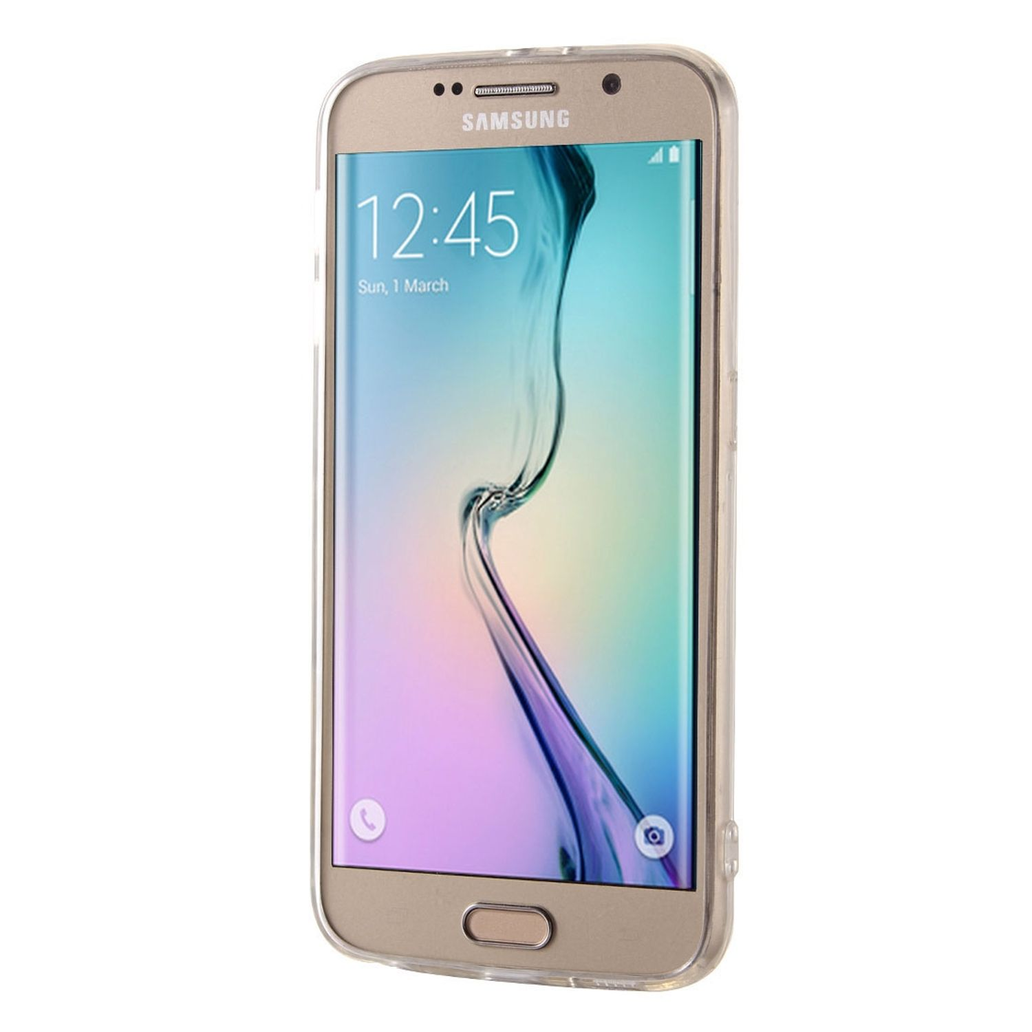 Goldenes Telefon in einer transparenten Hülle. Bildschirm zeigt die Uhrzeit.