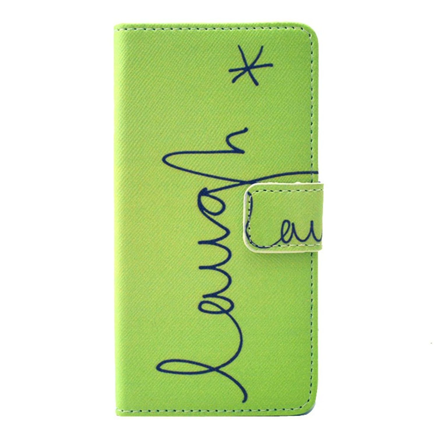 Grüne Handyhülle mit dem Wort "laugh" in Schreibschrift, mit einem Stern darüber.
