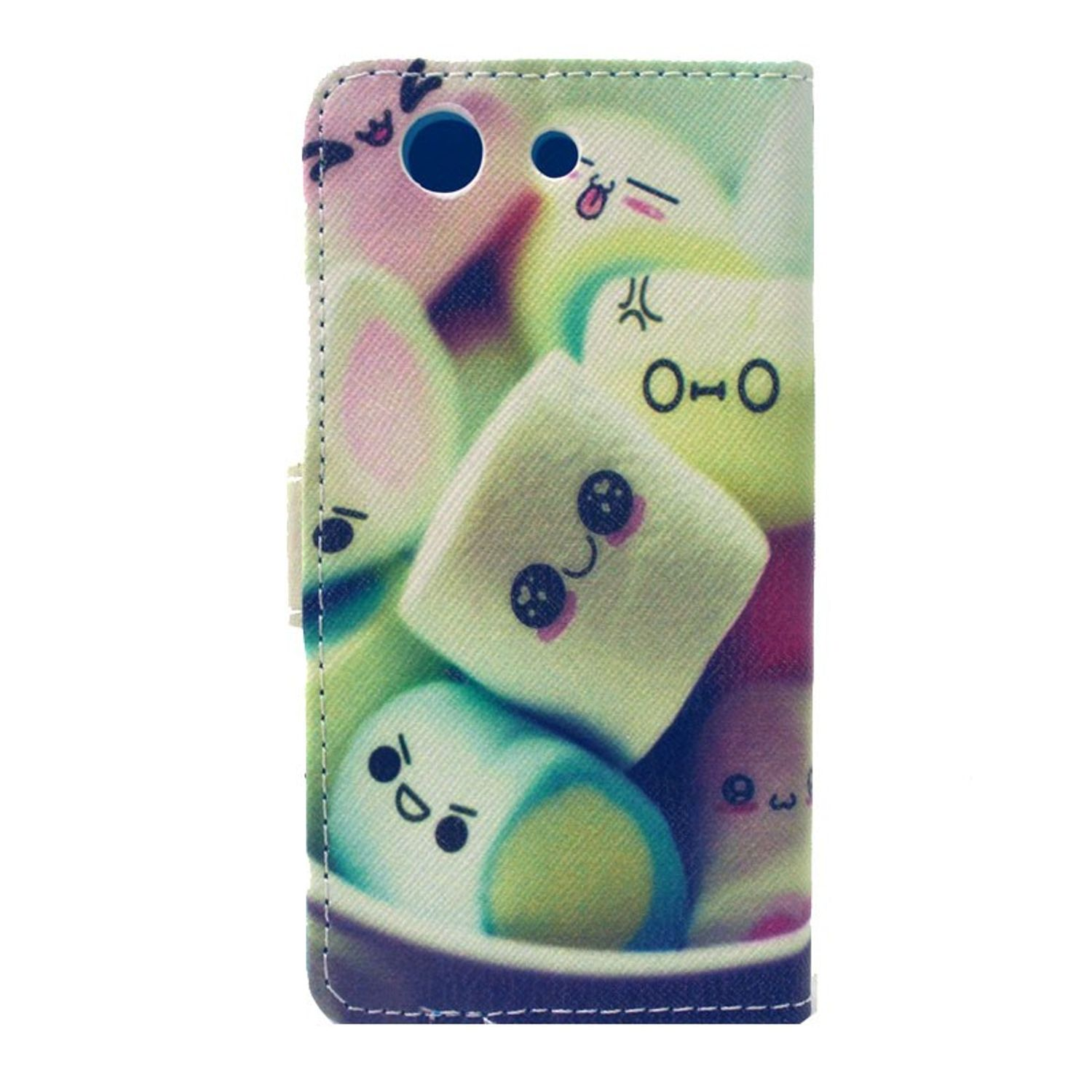 Handyhülle mit Marshmallows. Die Hülle hat niedliche Cartoon-Marshmallow-Gesichter. Weißer Hintergrund.