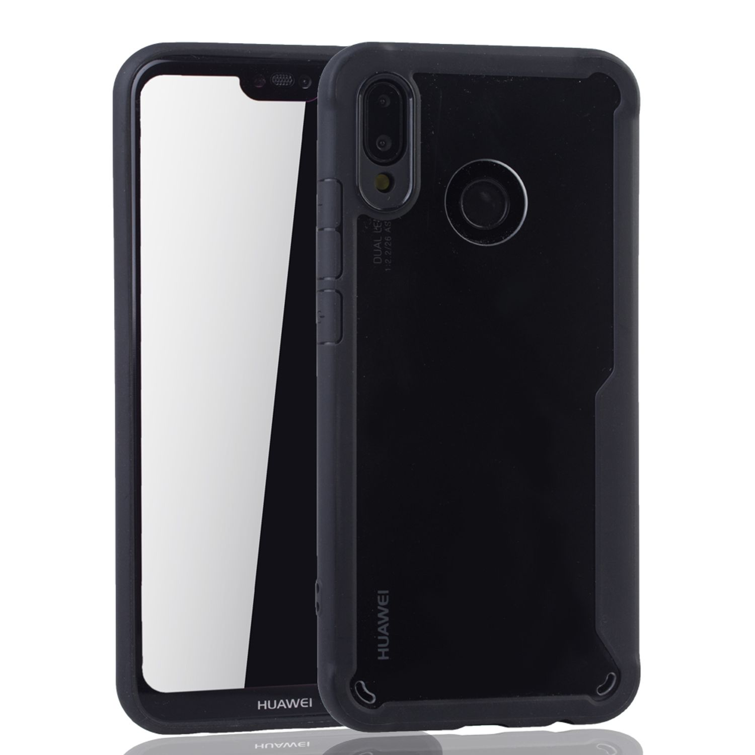 Eine schwarze Handyhülle mit Displayschutzfolie und einem Telefon im Inneren, von vorne gesehen.