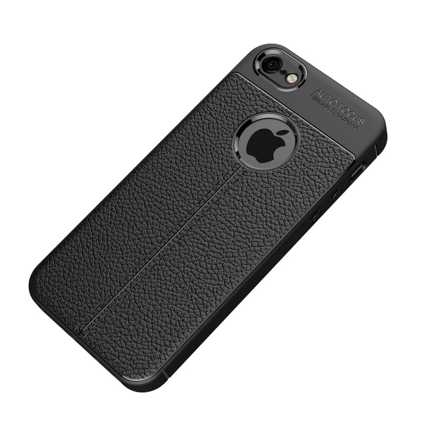 Schwarze Leder-Handyhülle mit Apple-Logo und Autofokus-Text.