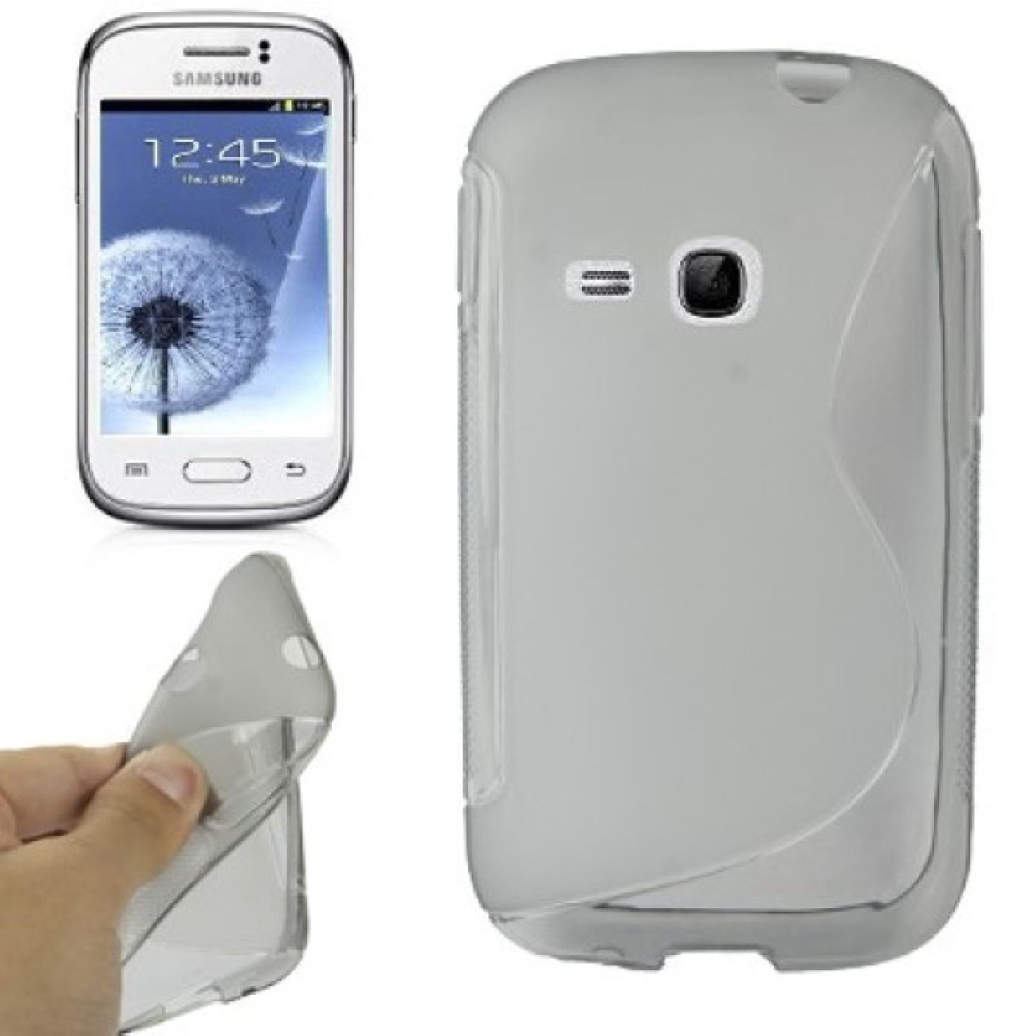 Ein Telefon und eine Handyhülle. Das Telefon ist weiß, die Hülle grau, beide vor weißem Hintergrund.