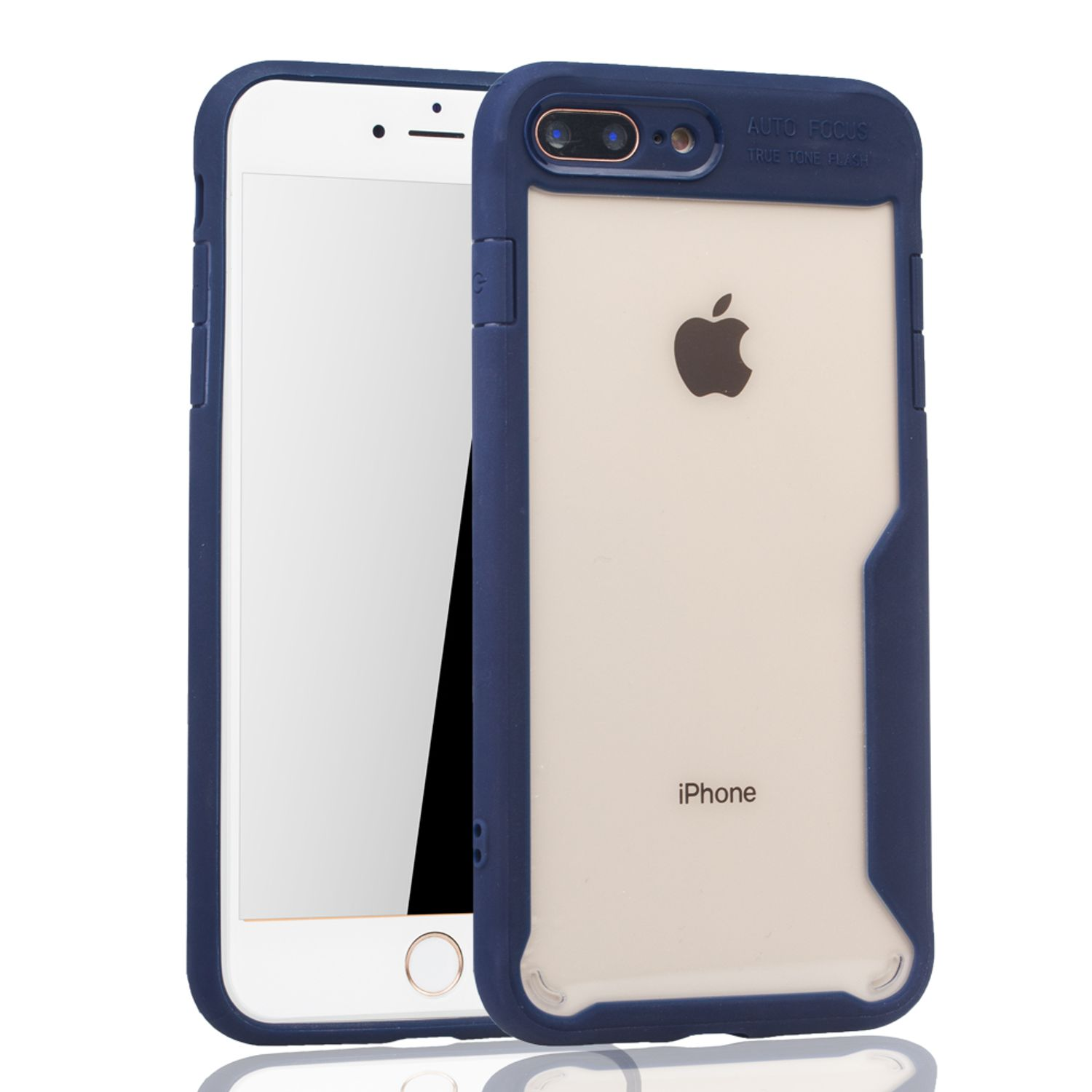 Weißes iPhone in einer dunkelblauen Hülle. Die Hülle hat eine transparente Rückseite und ein Apple-Logo.