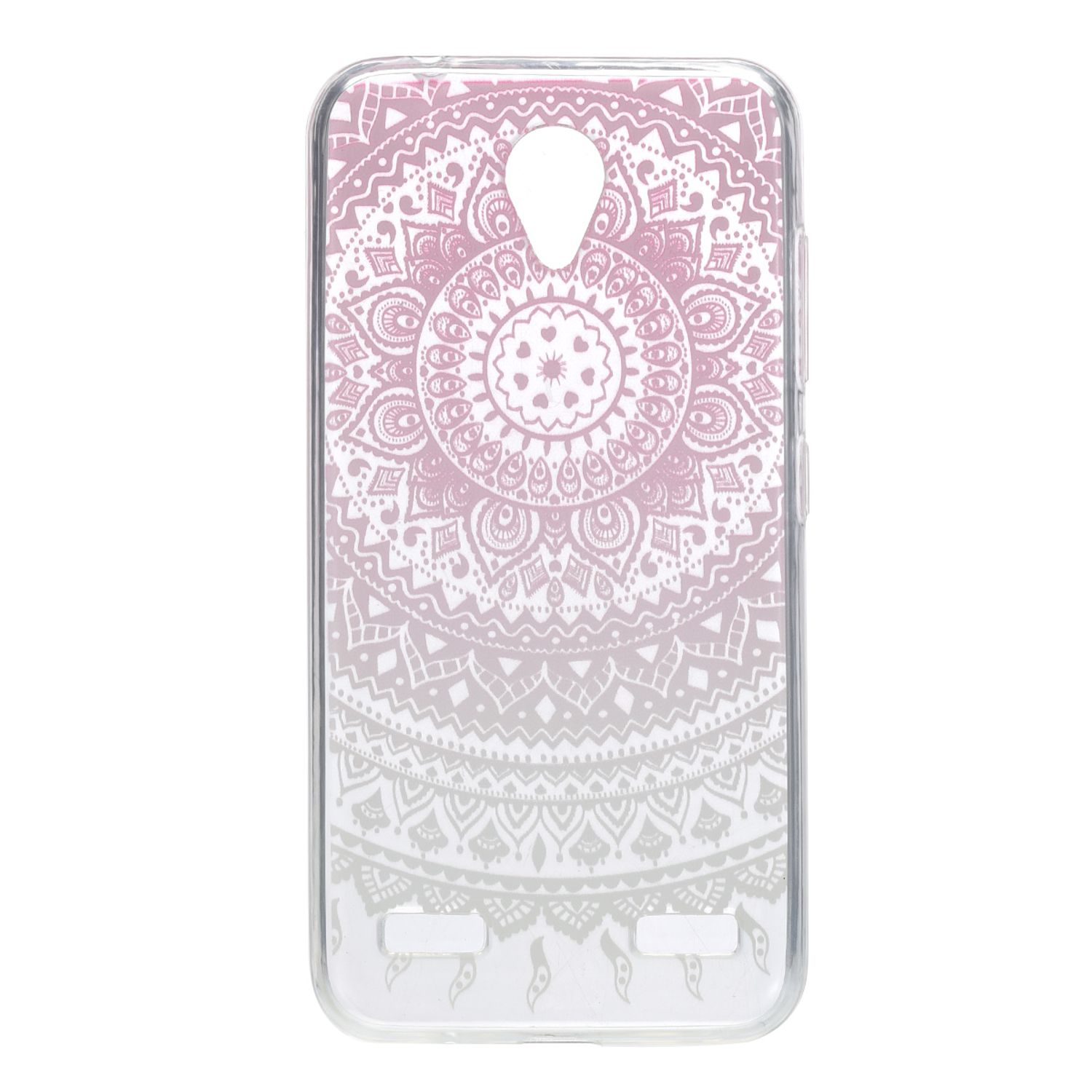 Transparente Handyhülle mit rosa Mandala-Design auf weißem Hintergrund.