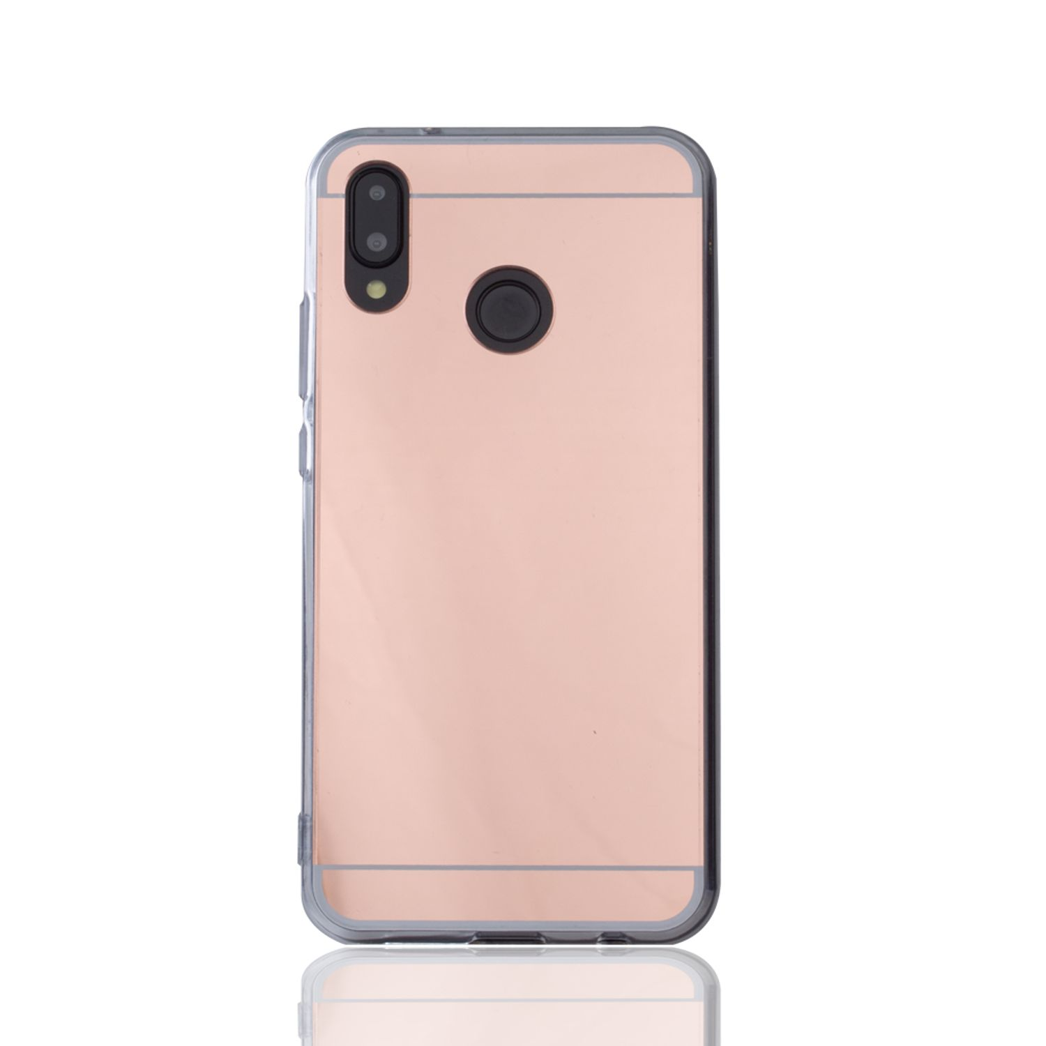 Roségoldene Handyhülle mit Spiegelfinish. Weißer Hintergrund.
