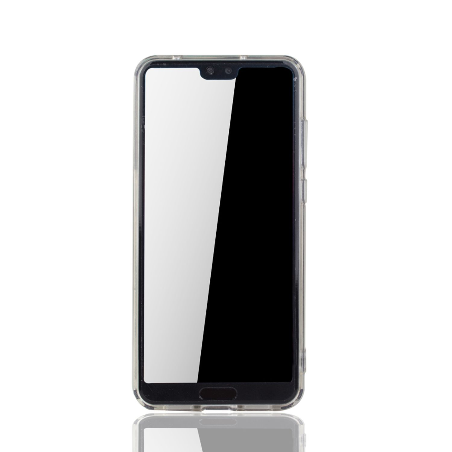 Ein Telefon in einer transparenten Hülle auf weißem Hintergrund. Der Bildschirm ist sichtbar.