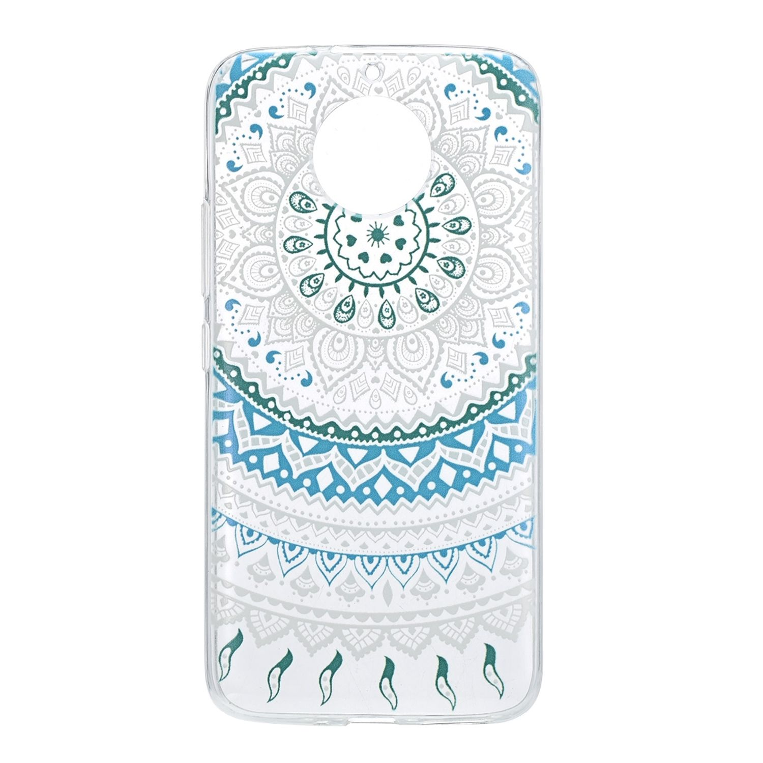 Handyhülle mit weißem und blaugrünem Mandala-Design. Weißer Hintergrund.