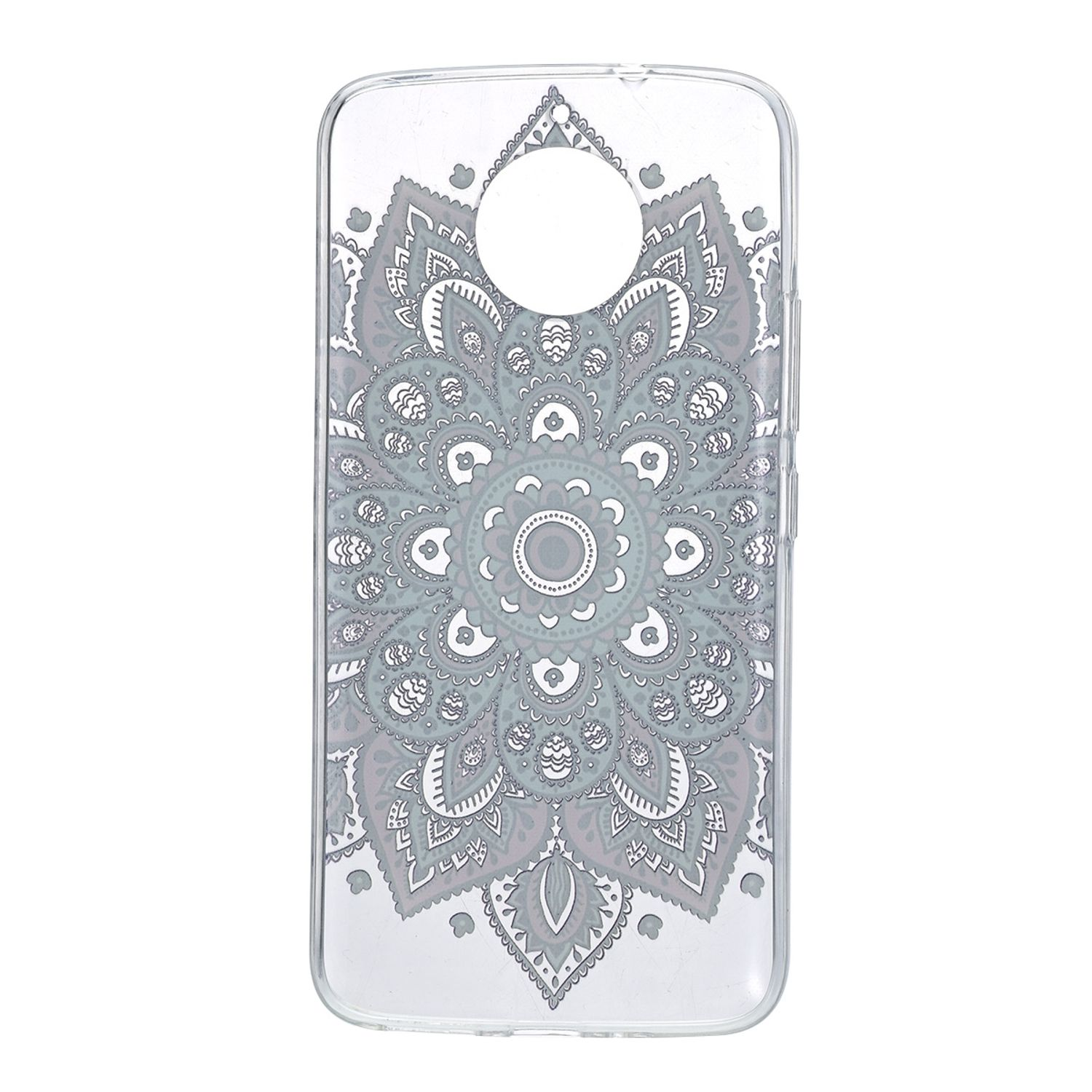 Transparente Handyhülle mit grauem Mandala-Design. Weißer Hintergrund.
