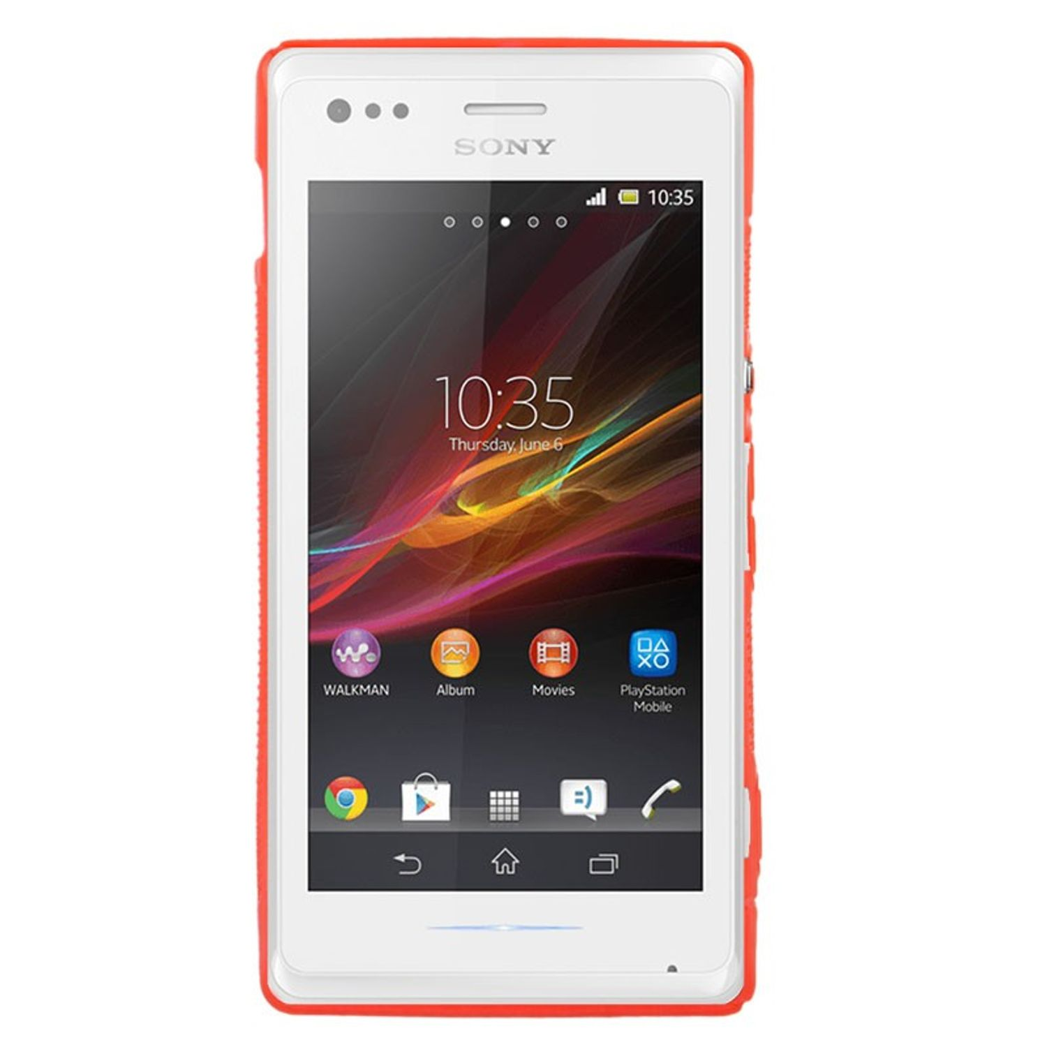 Weißes Sony-Telefon in rotem Gehäuse, zeigt Zeit und App-Symbole.