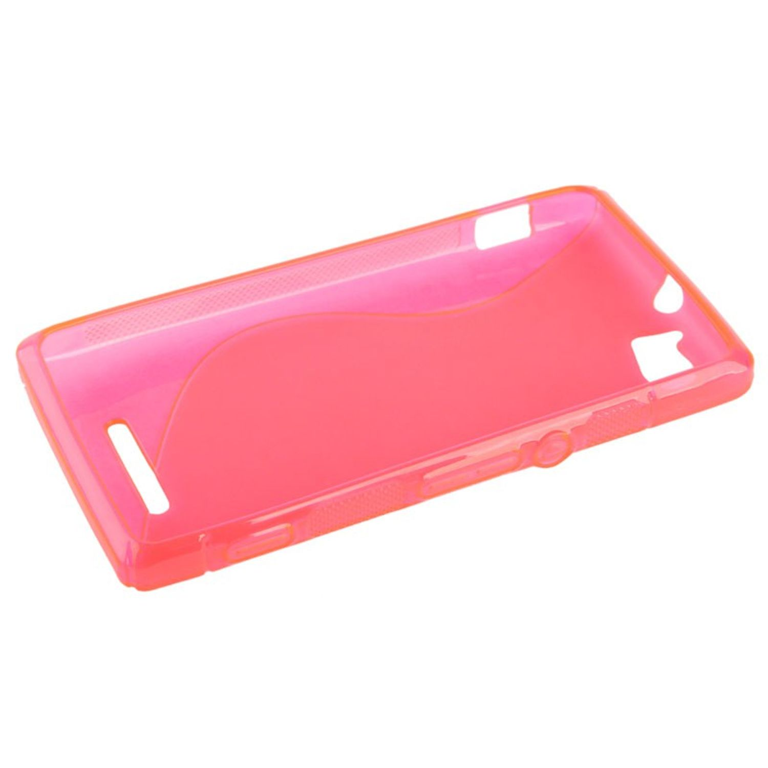 Rosa Handyhülle. Die Hülle ist leer. Kein Telefon ist darin. Die Hülle ist auf weißem Hintergrund.