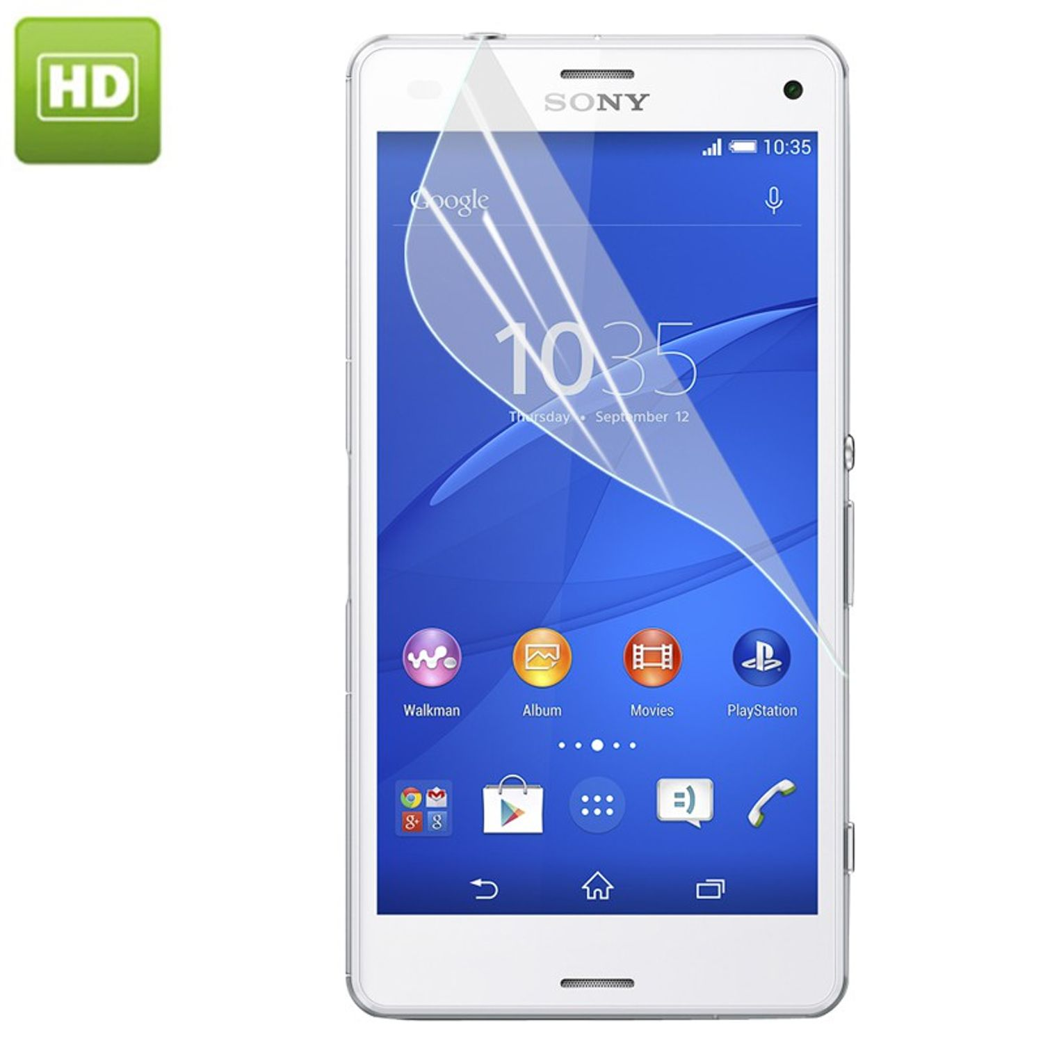 Weißes Sony-Telefon mit angebrachter Displayschutzfolie. HD-Logo in der oberen linken Ecke.