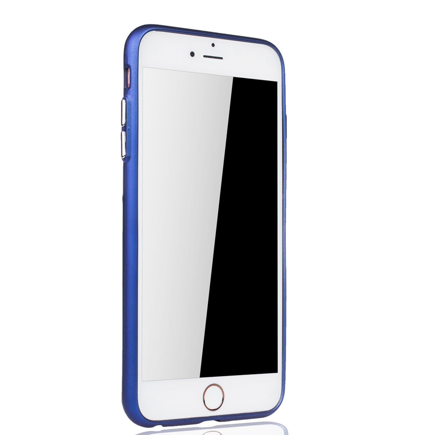 Weißes Telefon mit blauem Gehäuse. Das Telefon steht auf einer weißen Oberfläche. Der Bildschirm zeigt eine schwarze Anzeige.