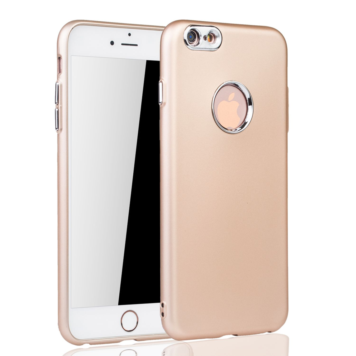 Goldenes iPhone in einem goldenen Gehäuse. Das Telefon ist links und das Gehäuse rechts.