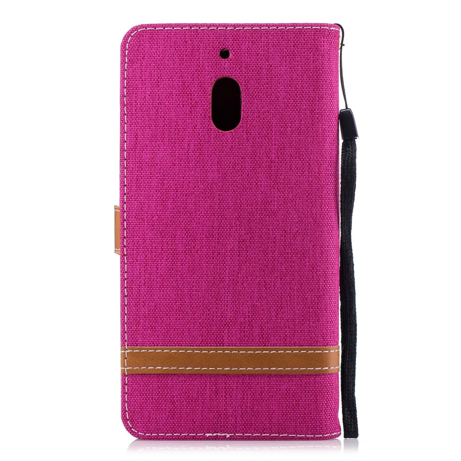 Magenta Handyhülle mit braunem Lederriemen.
