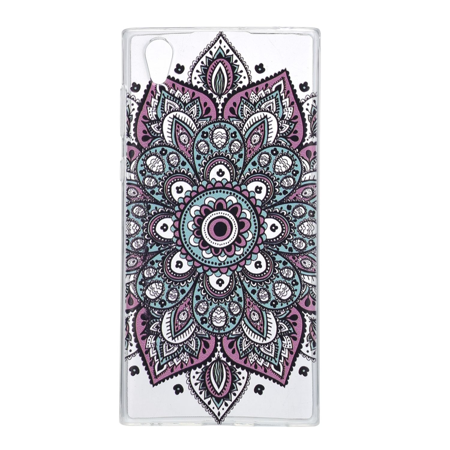 Transparente Handyhülle mit einem Mandala-Design in Lila, Türkis und Weiß.