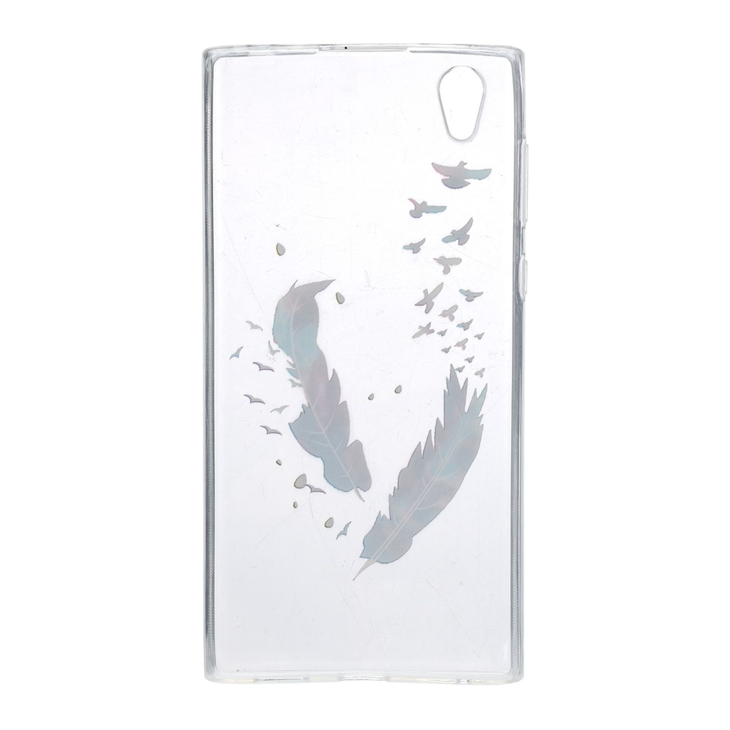 Transparente Handyhülle mit Federdesign und fliegenden Vögeln. Weißer Hintergrund.